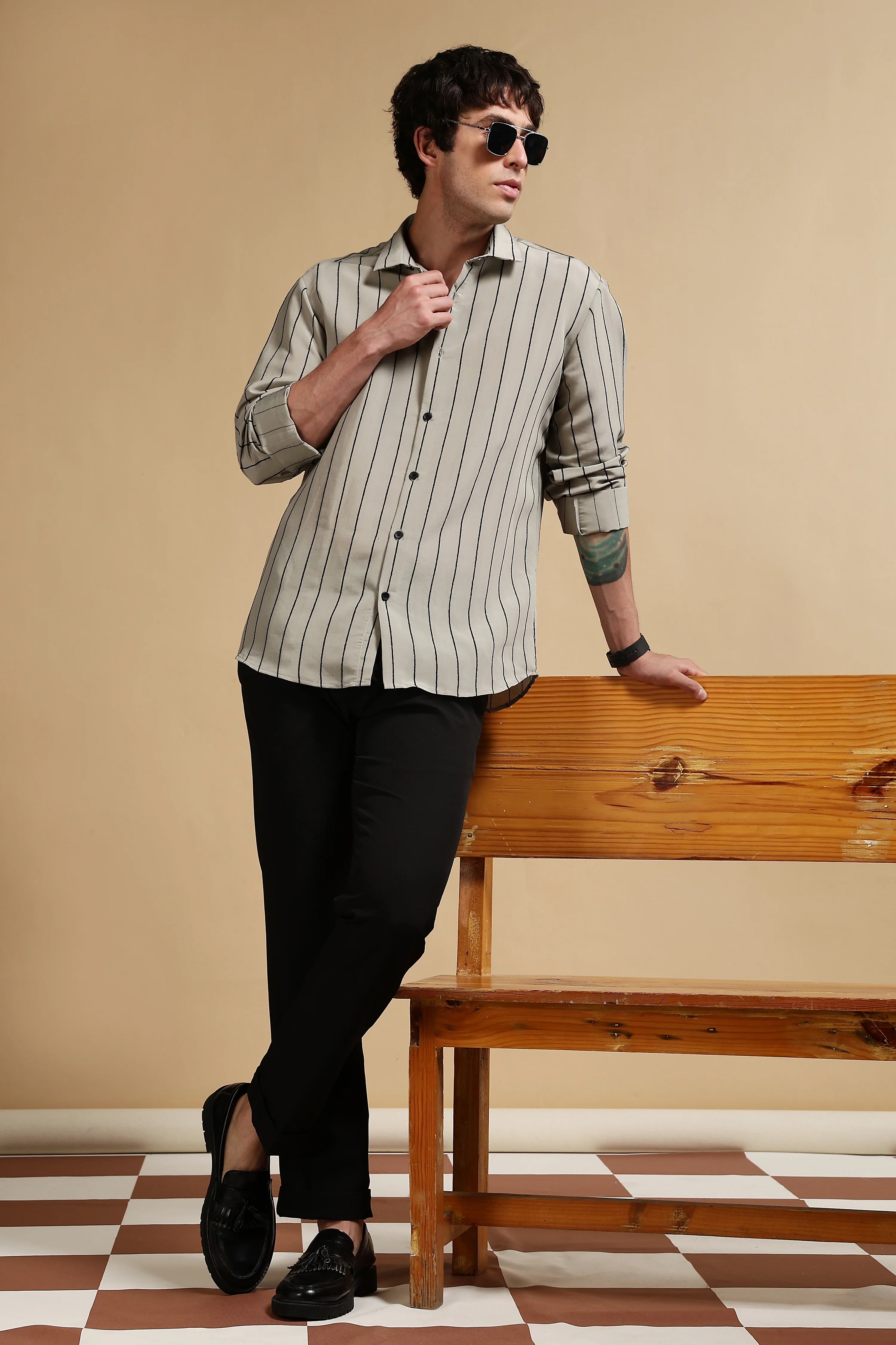 Men Olive Nylon Slim Fit Striped Shirt - Image 9