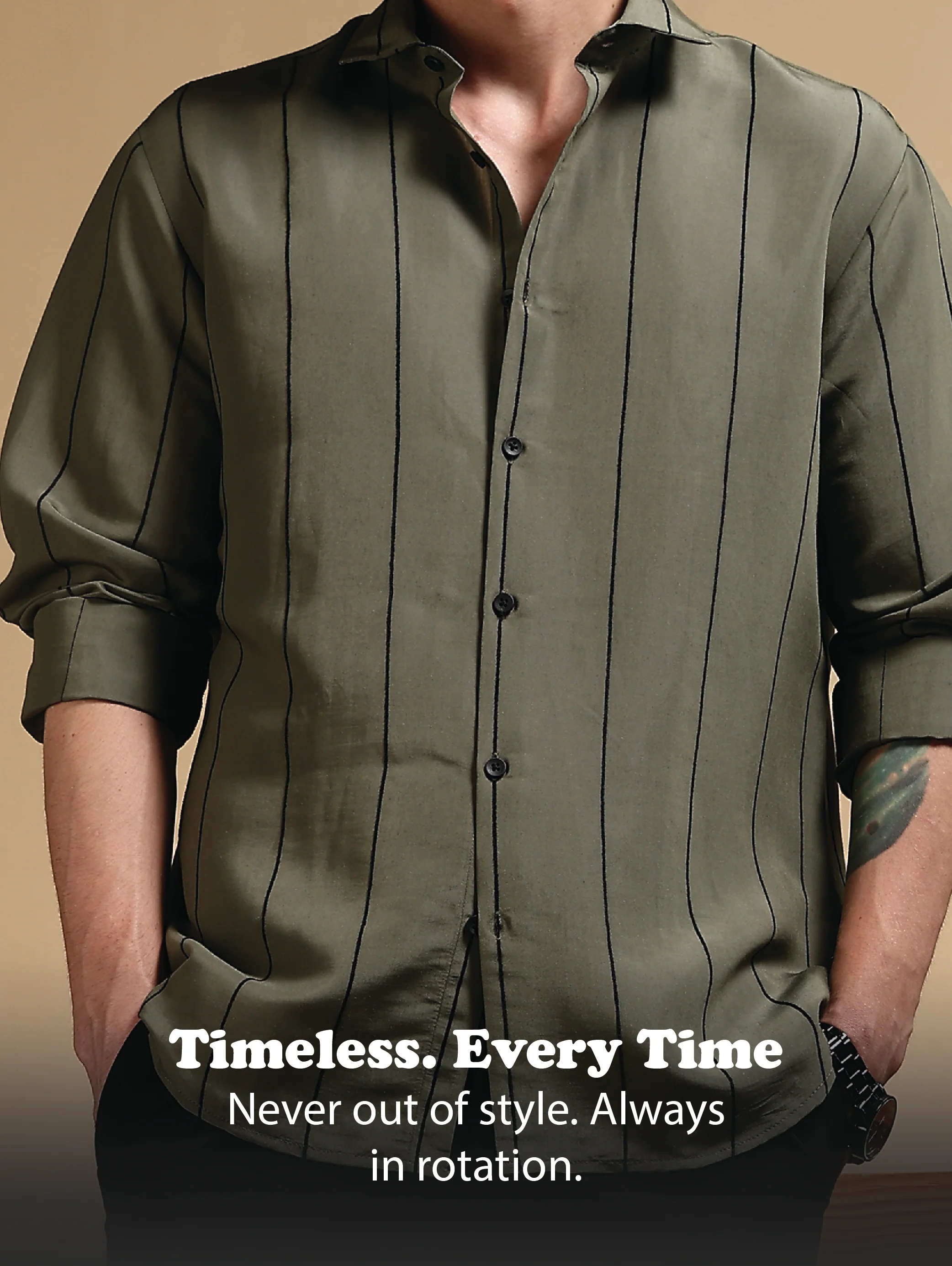 Men Olive Nylon Slim Fit Striped Shirt - Image 10