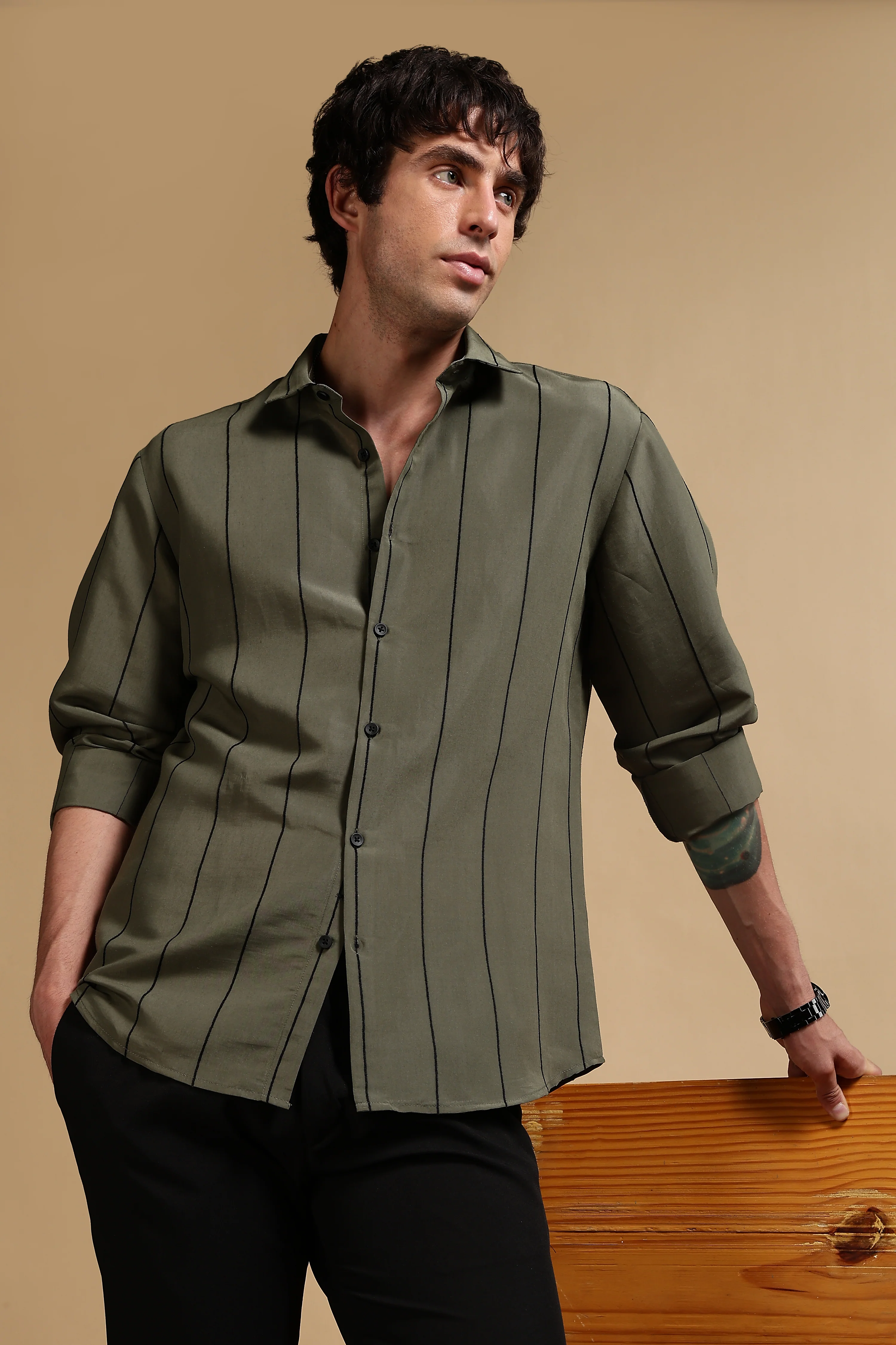 Men Olive Nylon Slim Fit Striped Shirt - Image 3