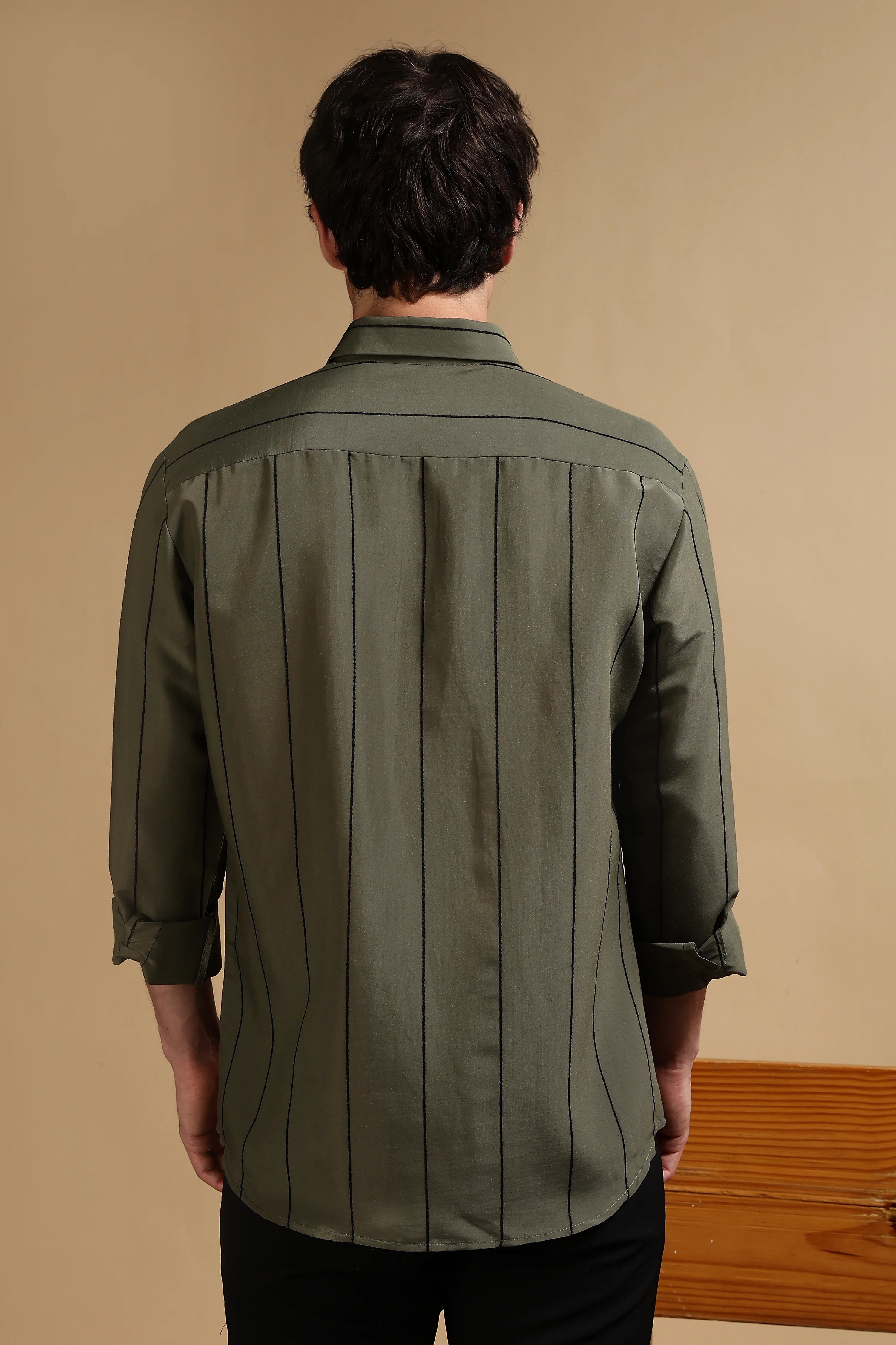 Men Olive Nylon Slim Fit Striped Shirt - Image 4