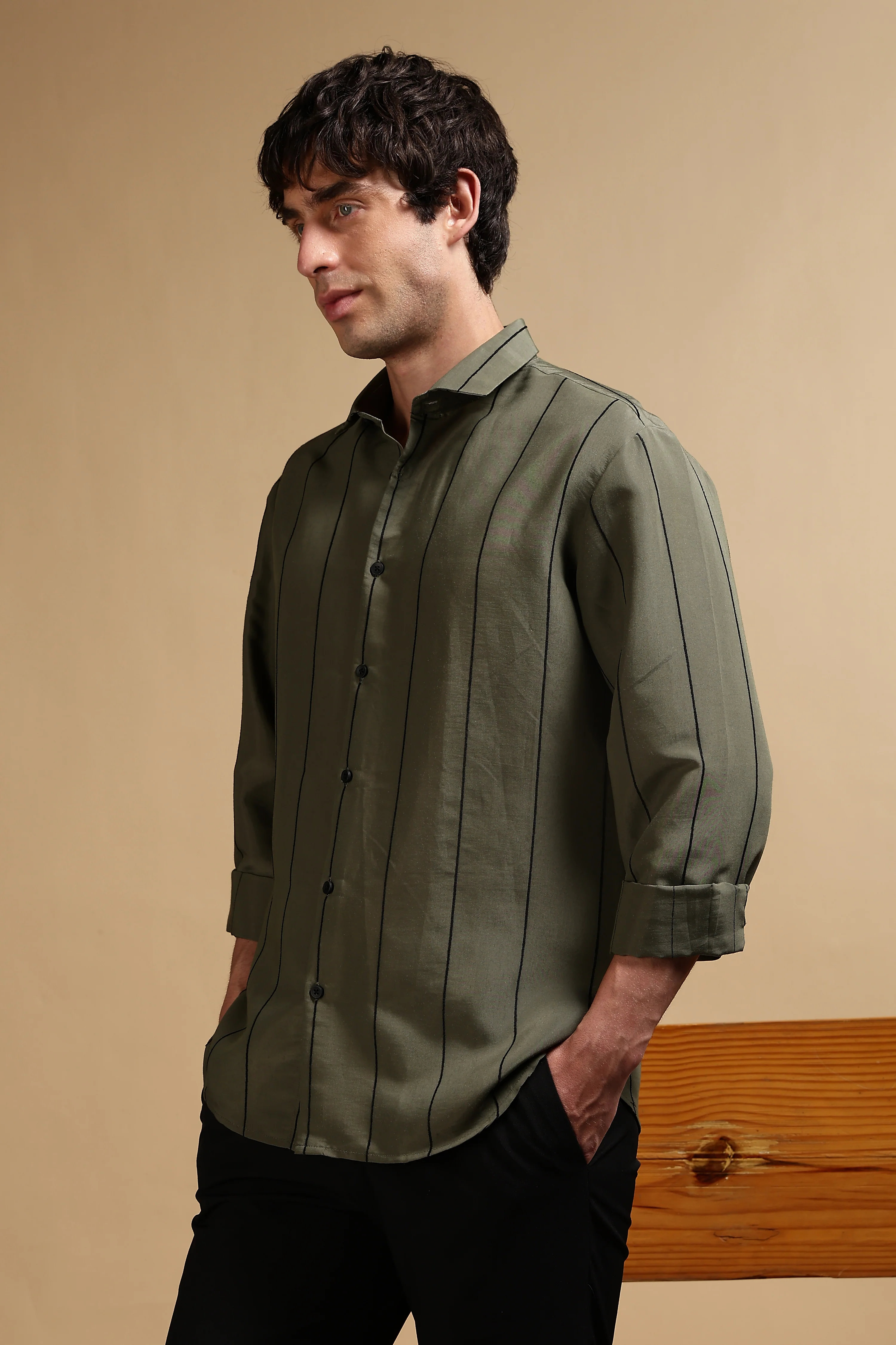 Men Olive Nylon Slim Fit Striped Shirt - Image 5