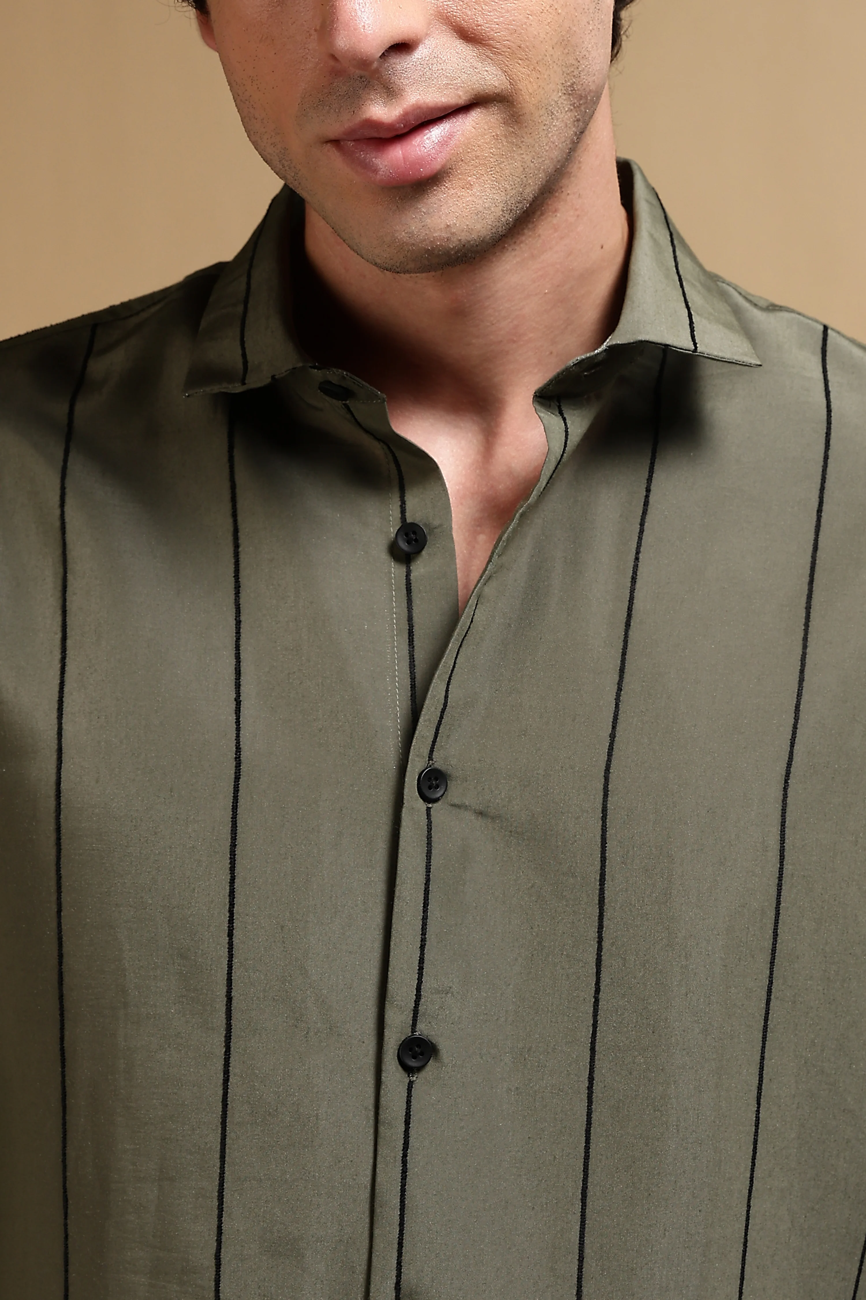 Men Olive Nylon Slim Fit Striped Shirt - Image 6