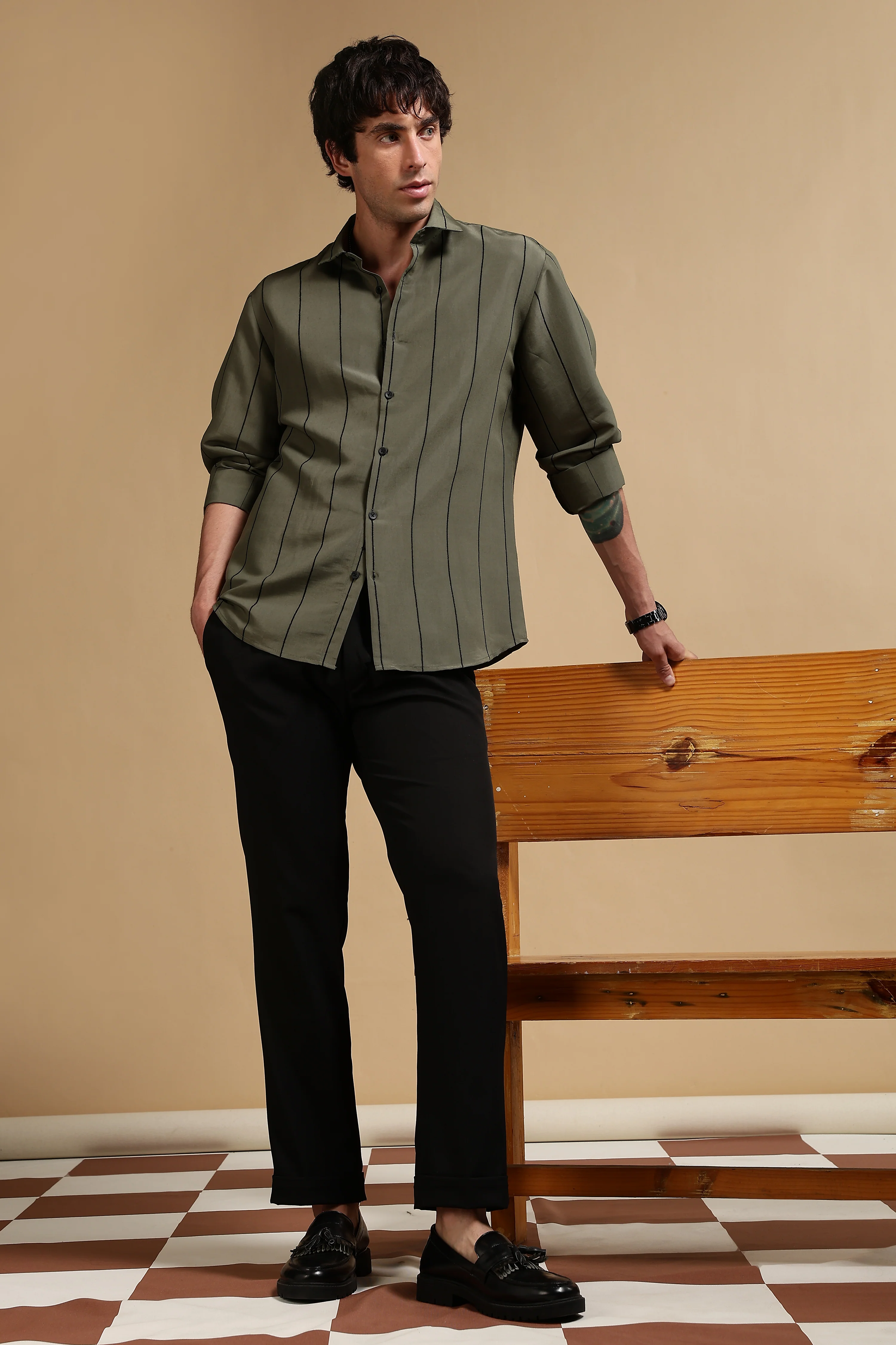 Men Olive Nylon Slim Fit Striped Shirt - Image 8