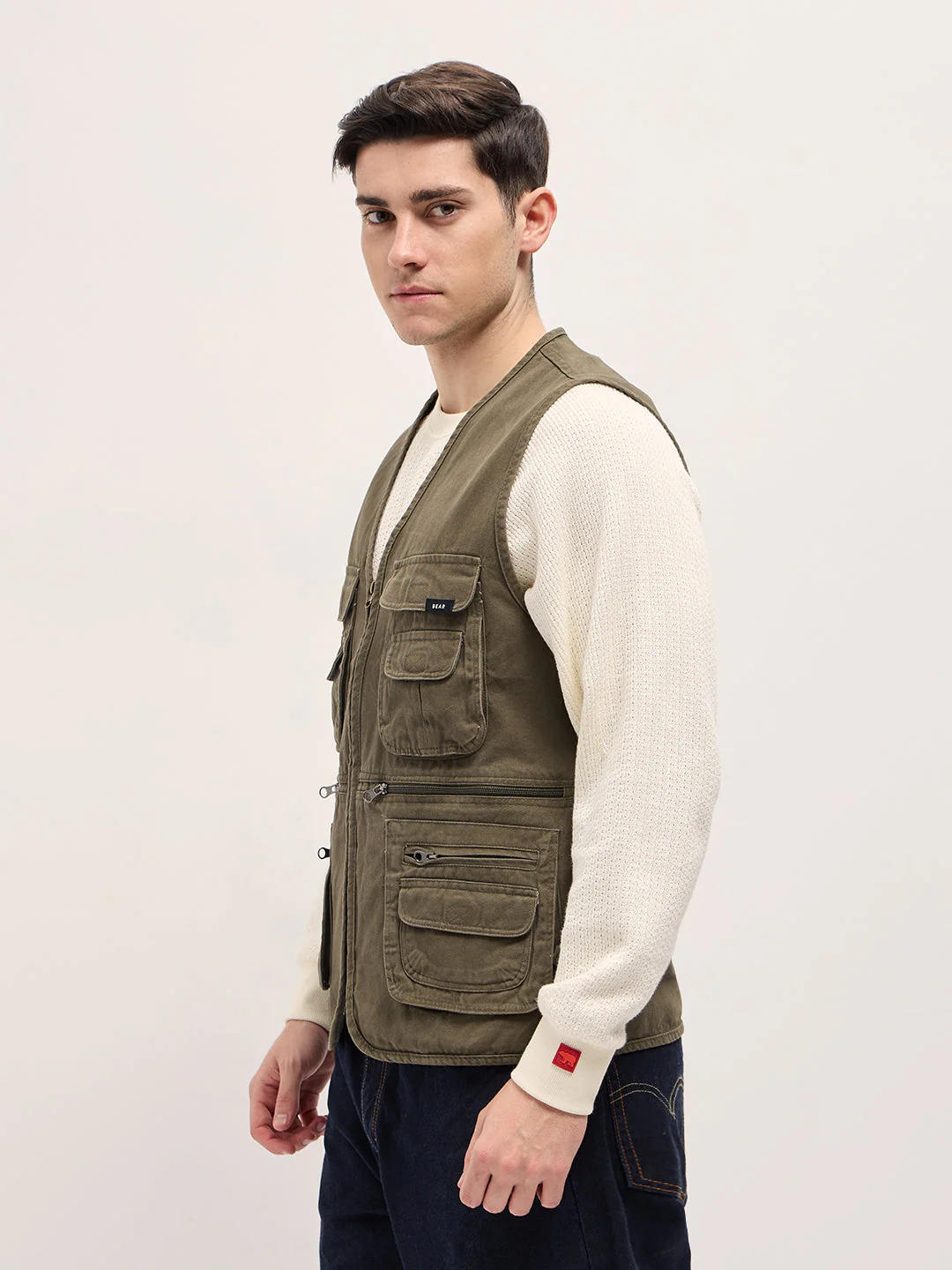 Men Olive Outdoor Utility Multi-Pocket Vest Jacket - Image 3