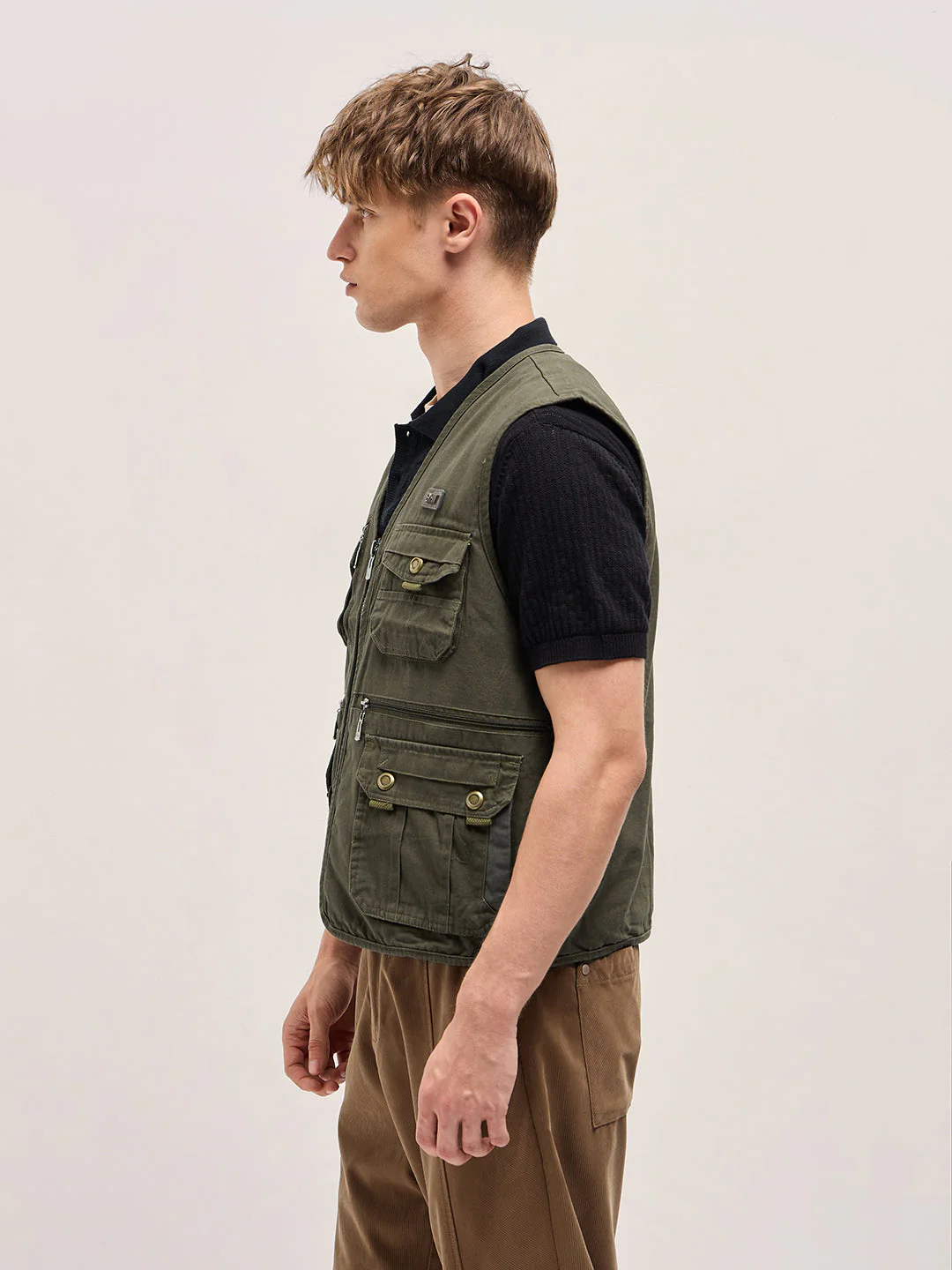 Men Olive Outdoor Utility Multi-Pocket Vest Jacket - Image 3