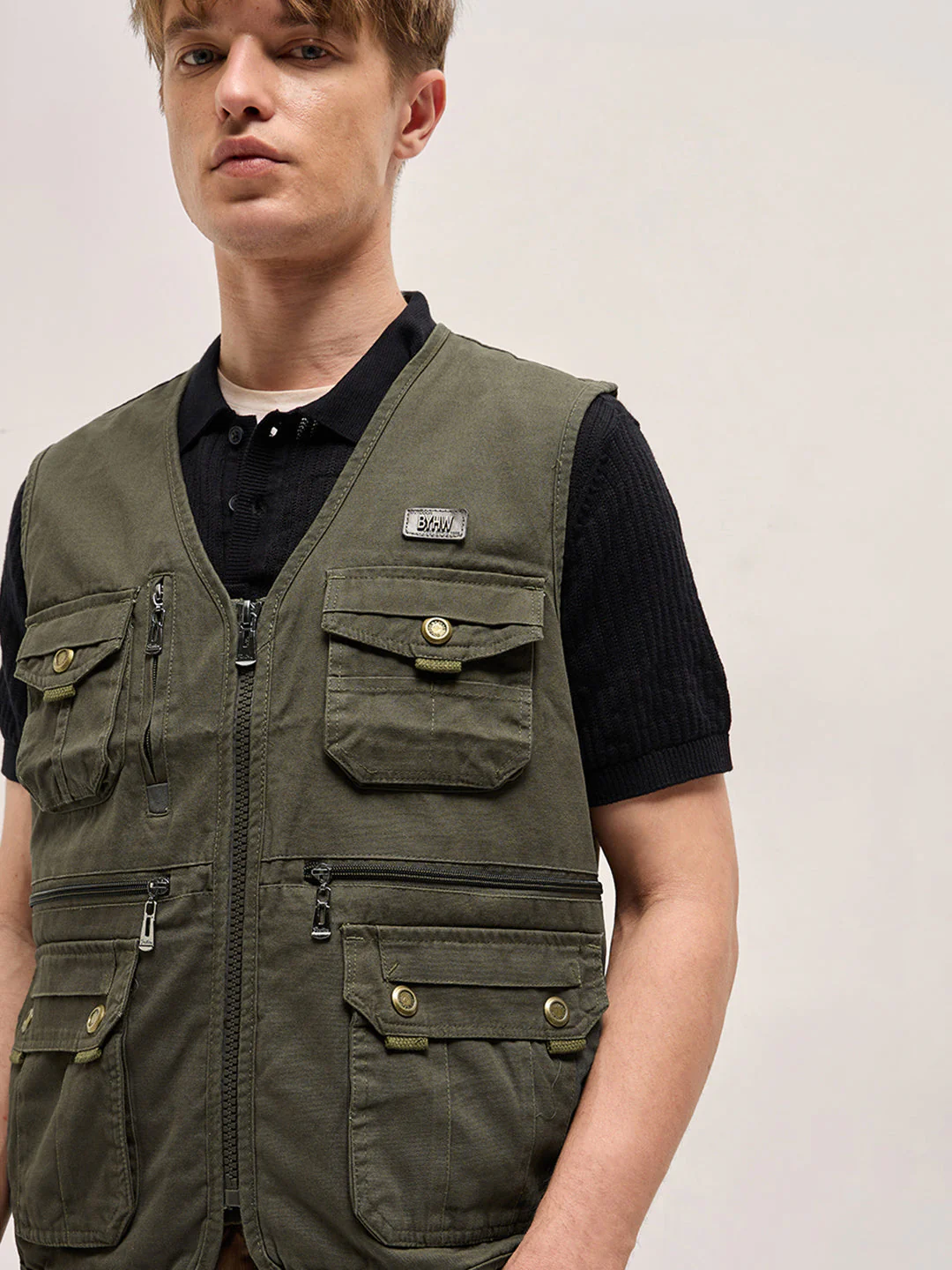 Men Olive Outdoor Utility Multi-Pocket Vest Jacket - Image 5