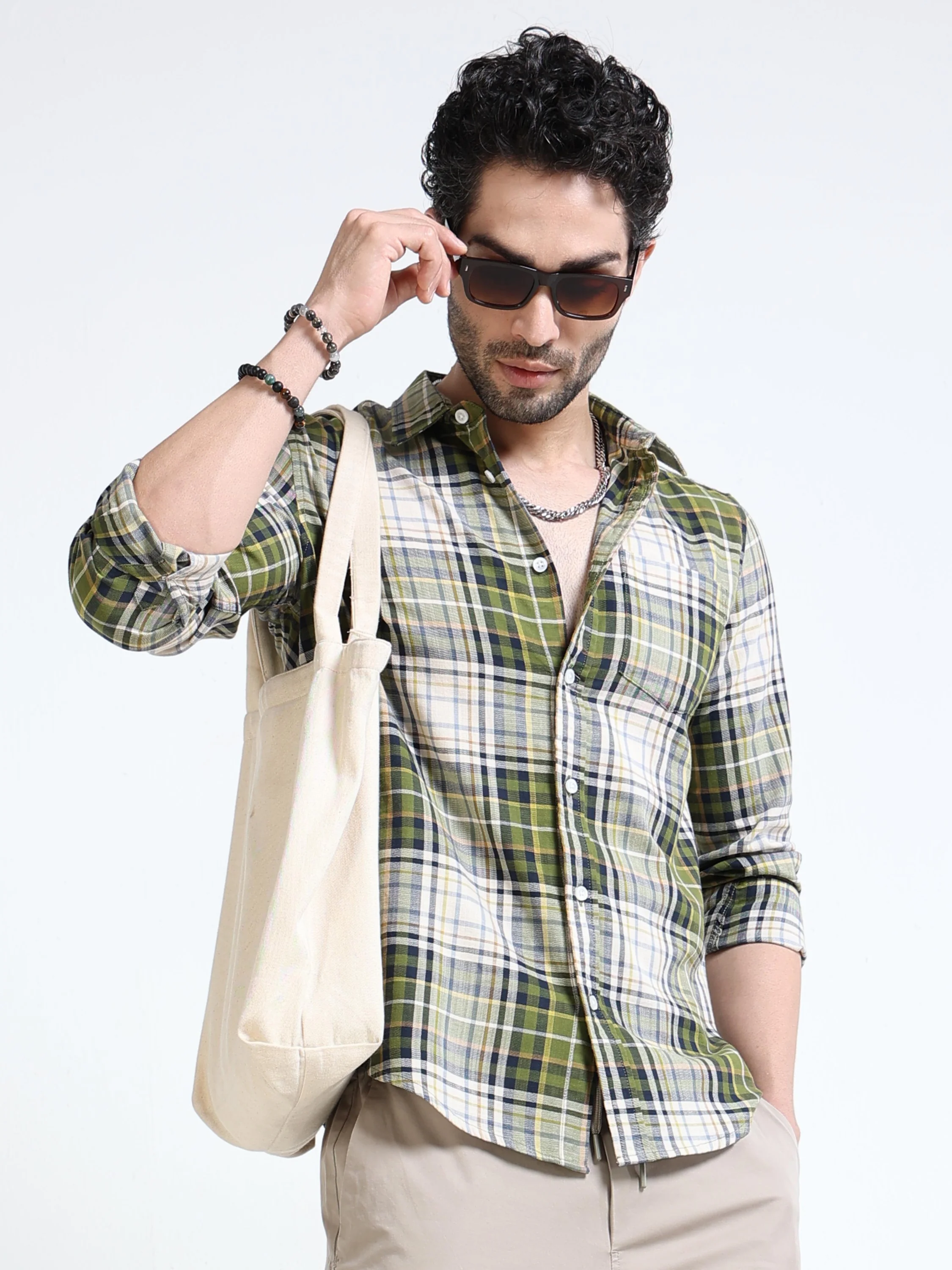 Men Olive Plaid Regular Fit Shirt - Image 2