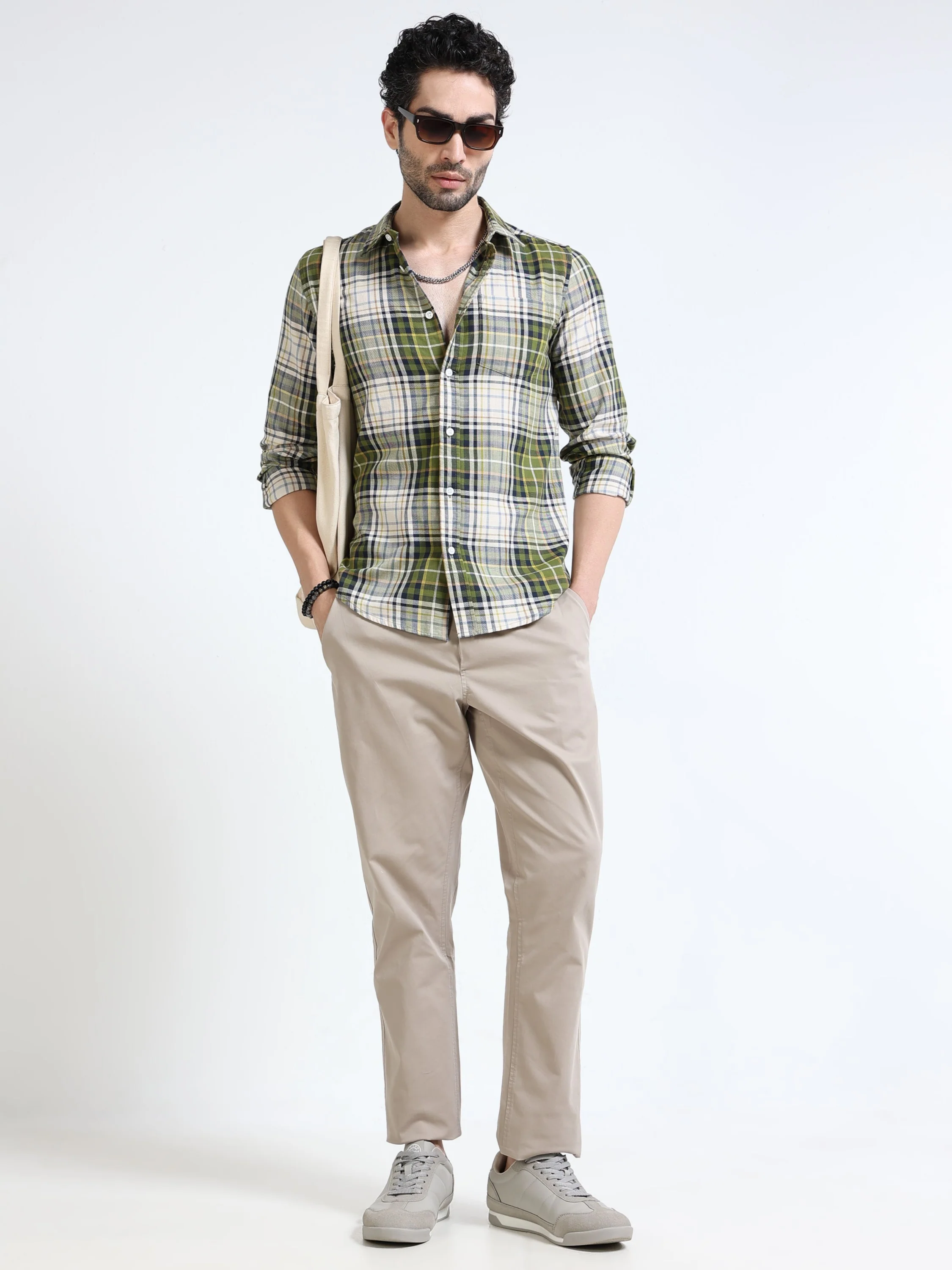 Men Olive Plaid Regular Fit Shirt - Image 3