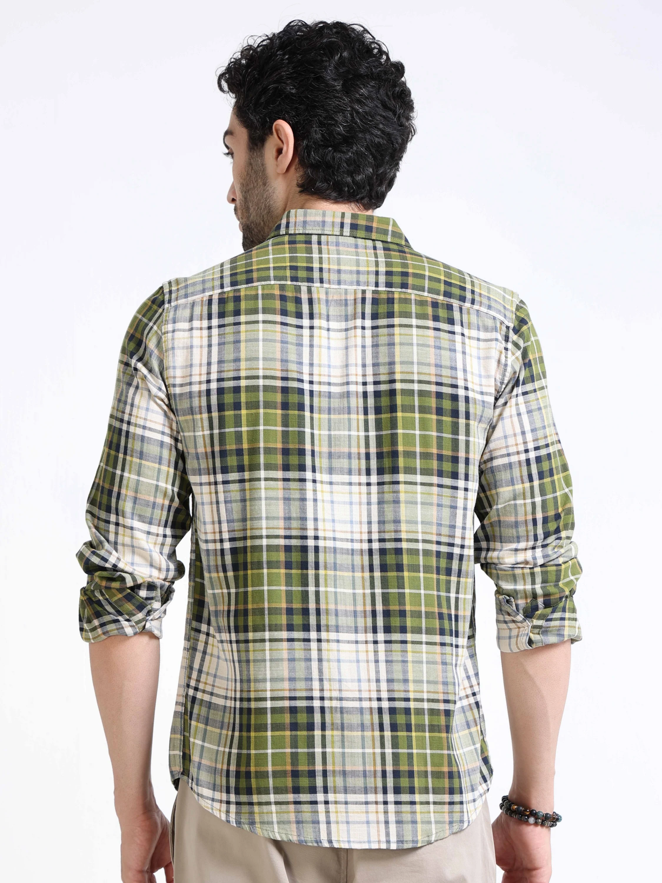 Men Olive Plaid Regular Fit Shirt - Image 4