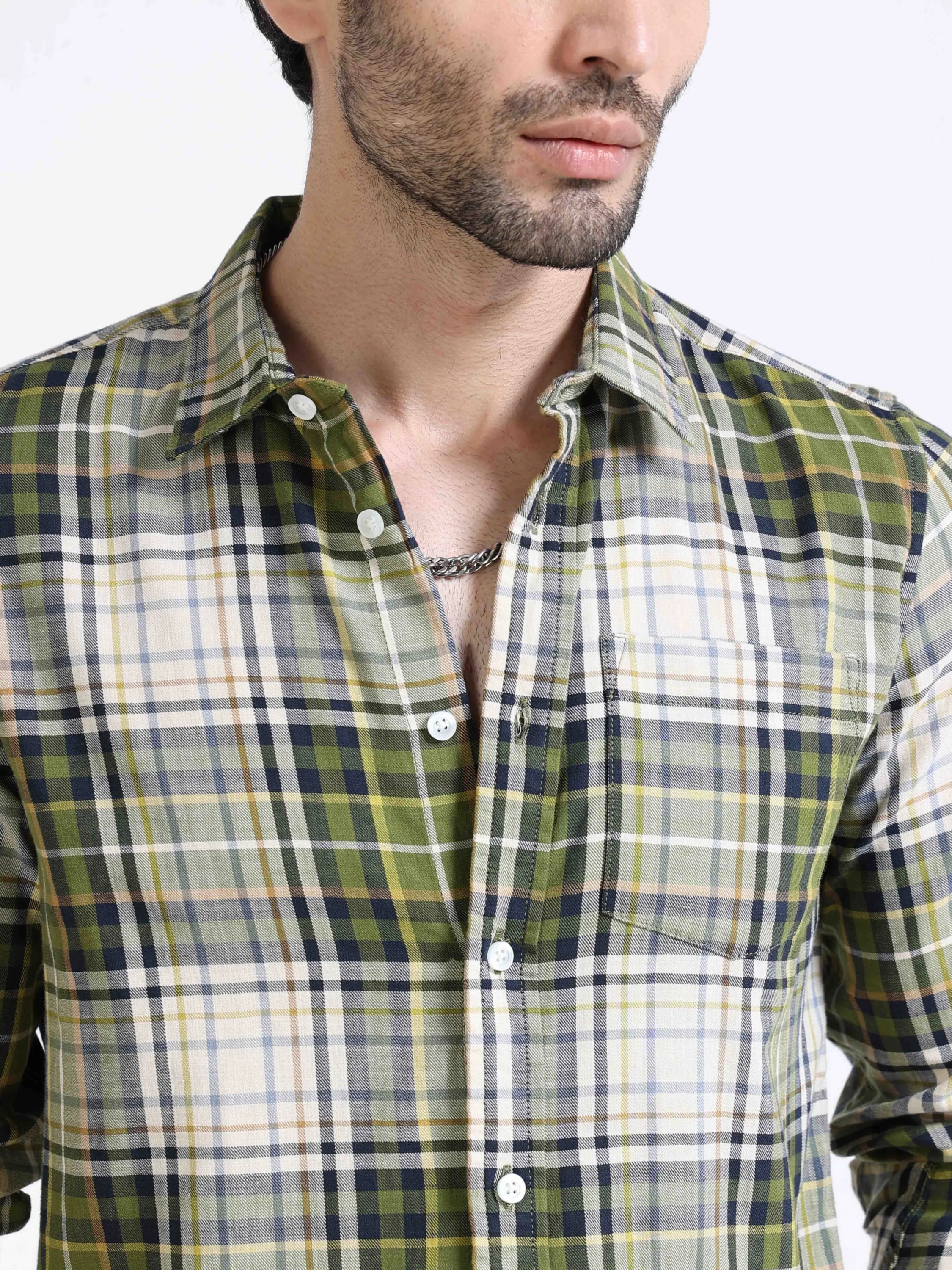 Men Olive Plaid Regular Fit Shirt - Image 5