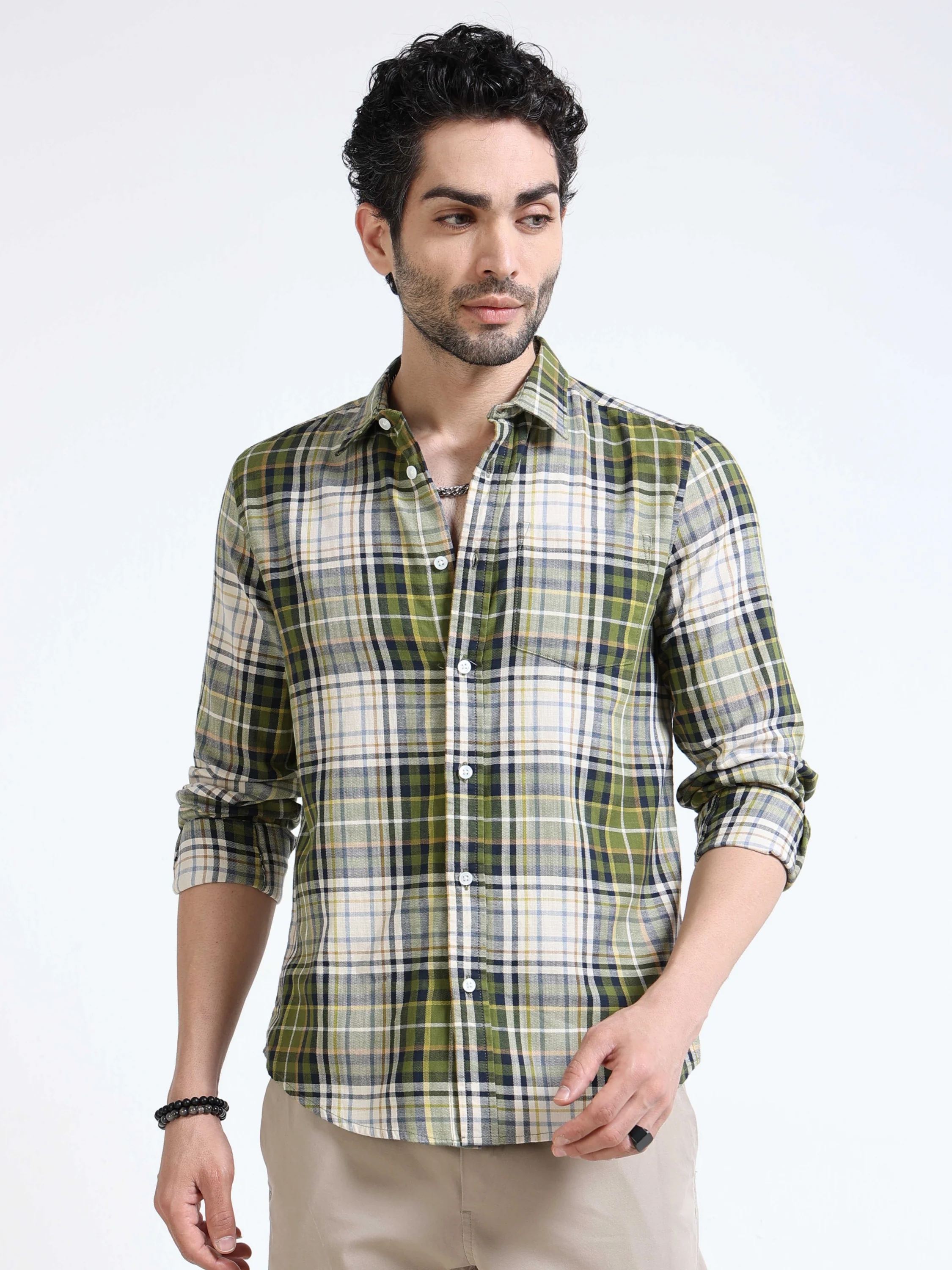 Men Olive Plaid Regular Fit Shirt - Image 6