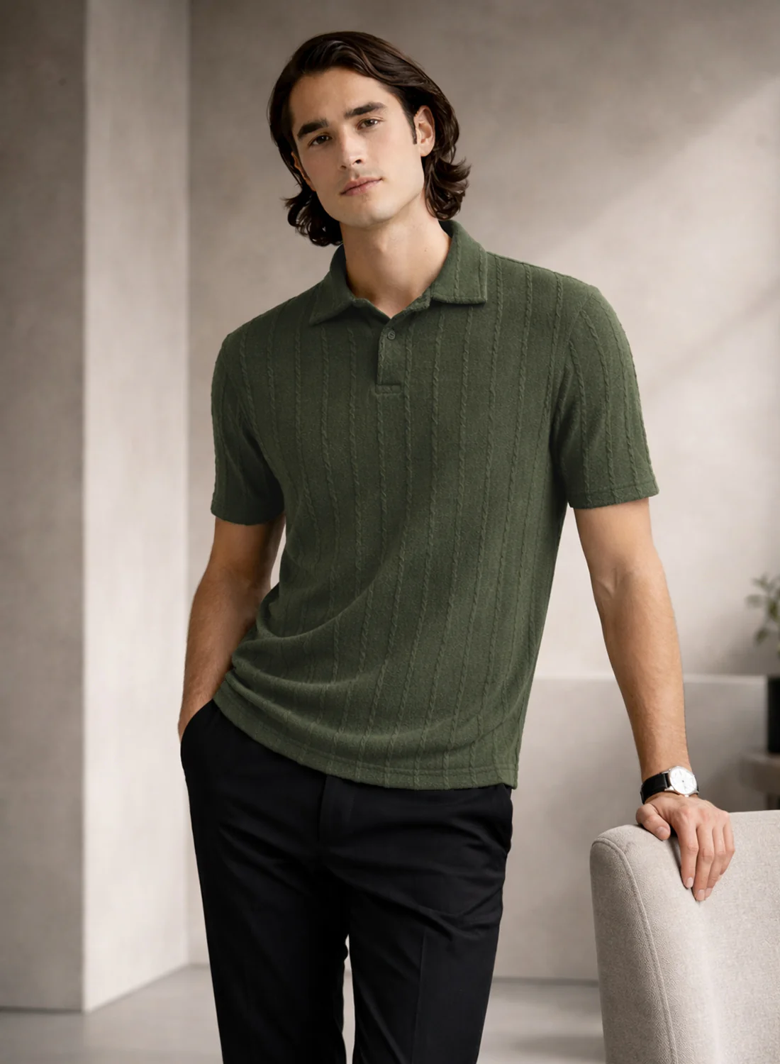Men Olive Polo T-Shirt - Image 5