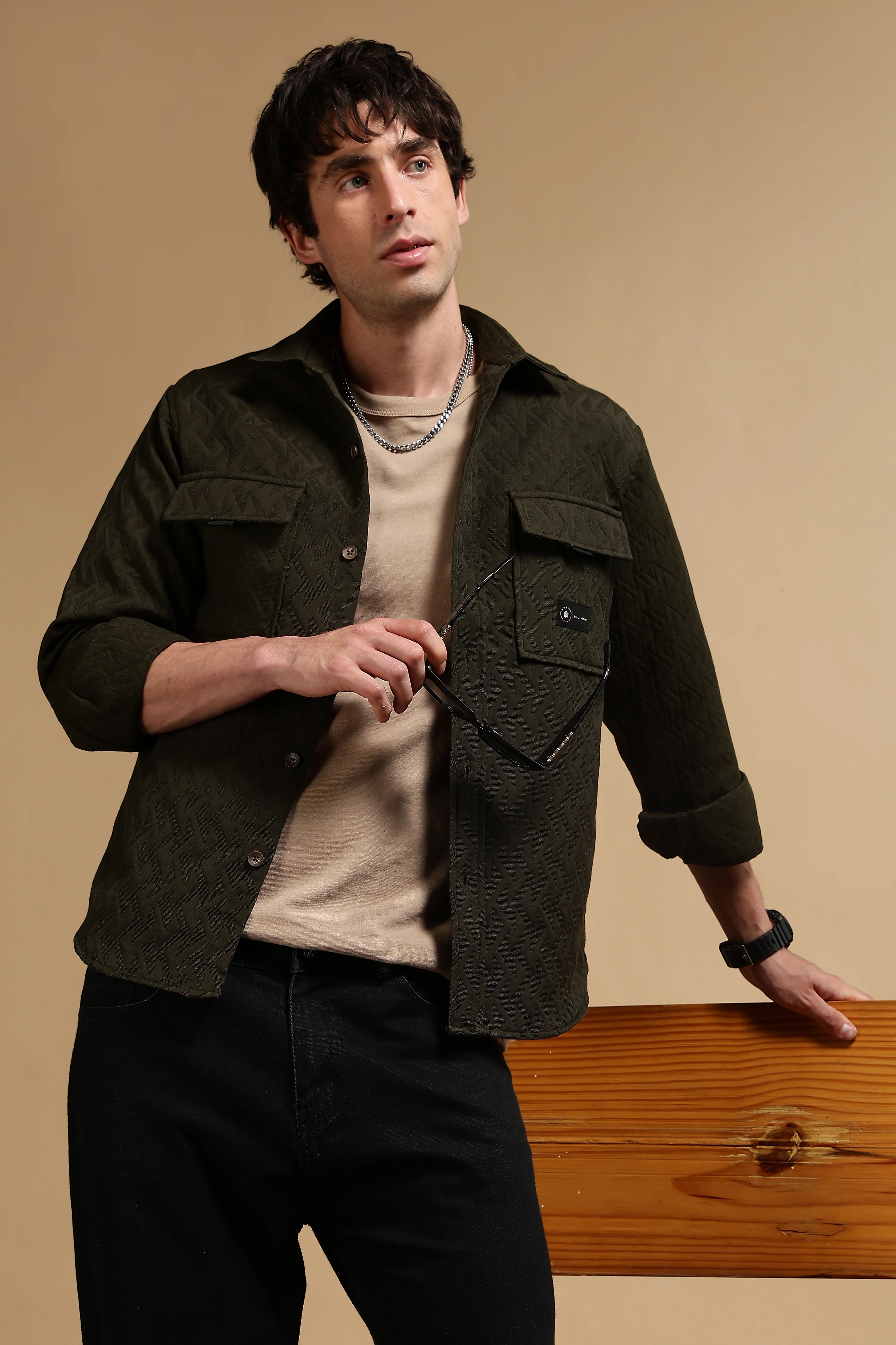 Men Olive Poly Cotton Shacket - Image 2
