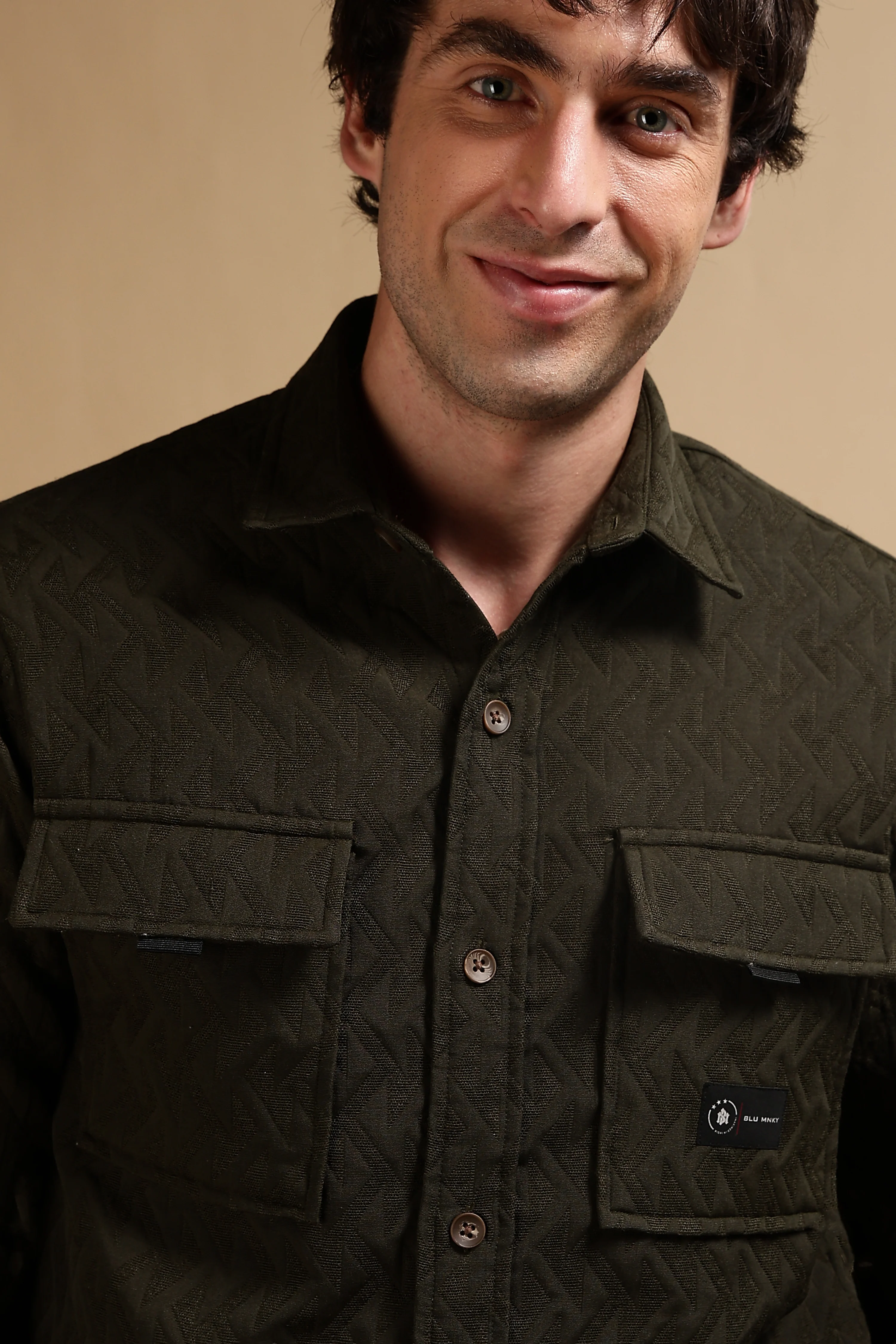 Men Olive Poly Cotton Shacket - Image 3