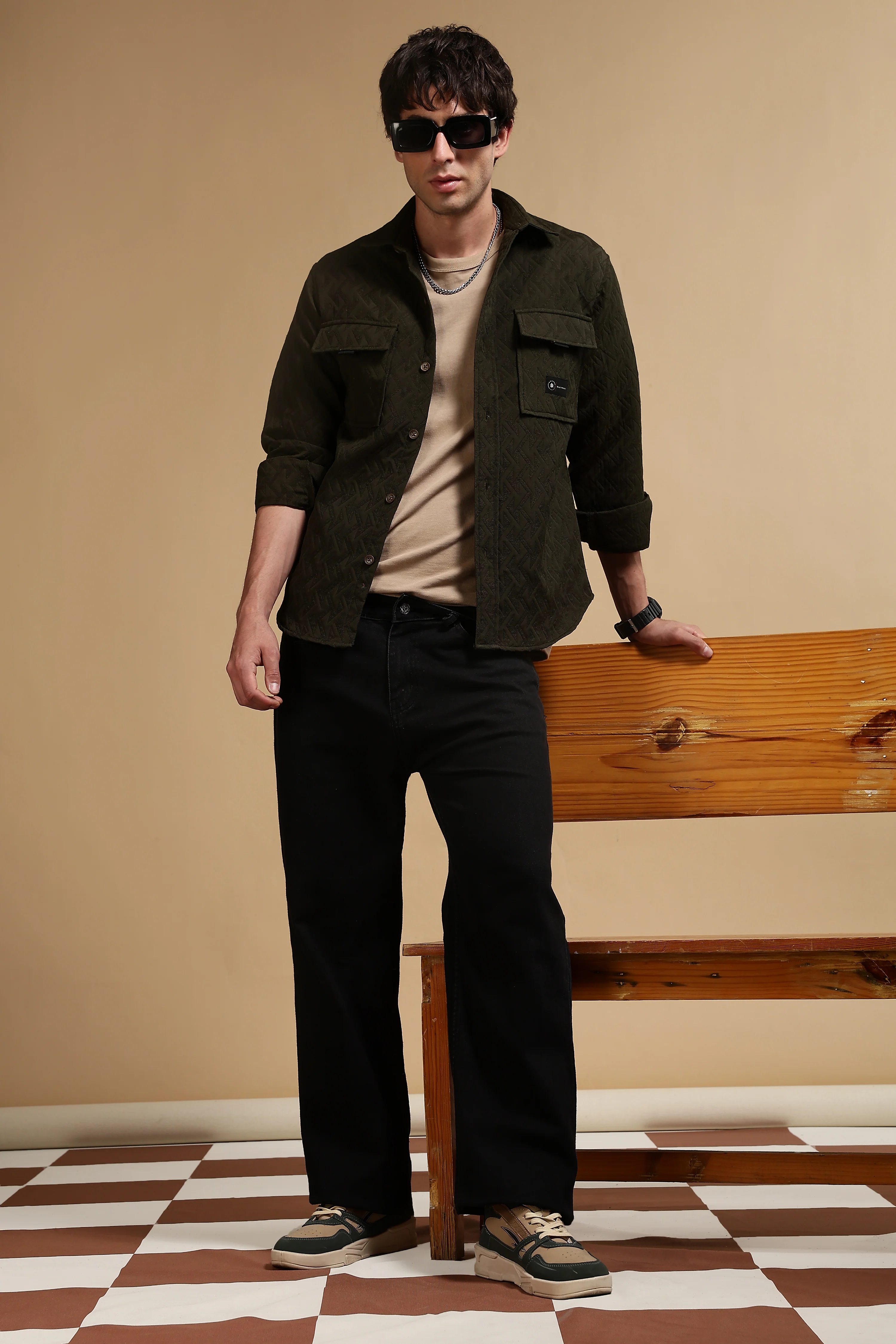 Men Olive Poly Cotton Shacket - Image 4