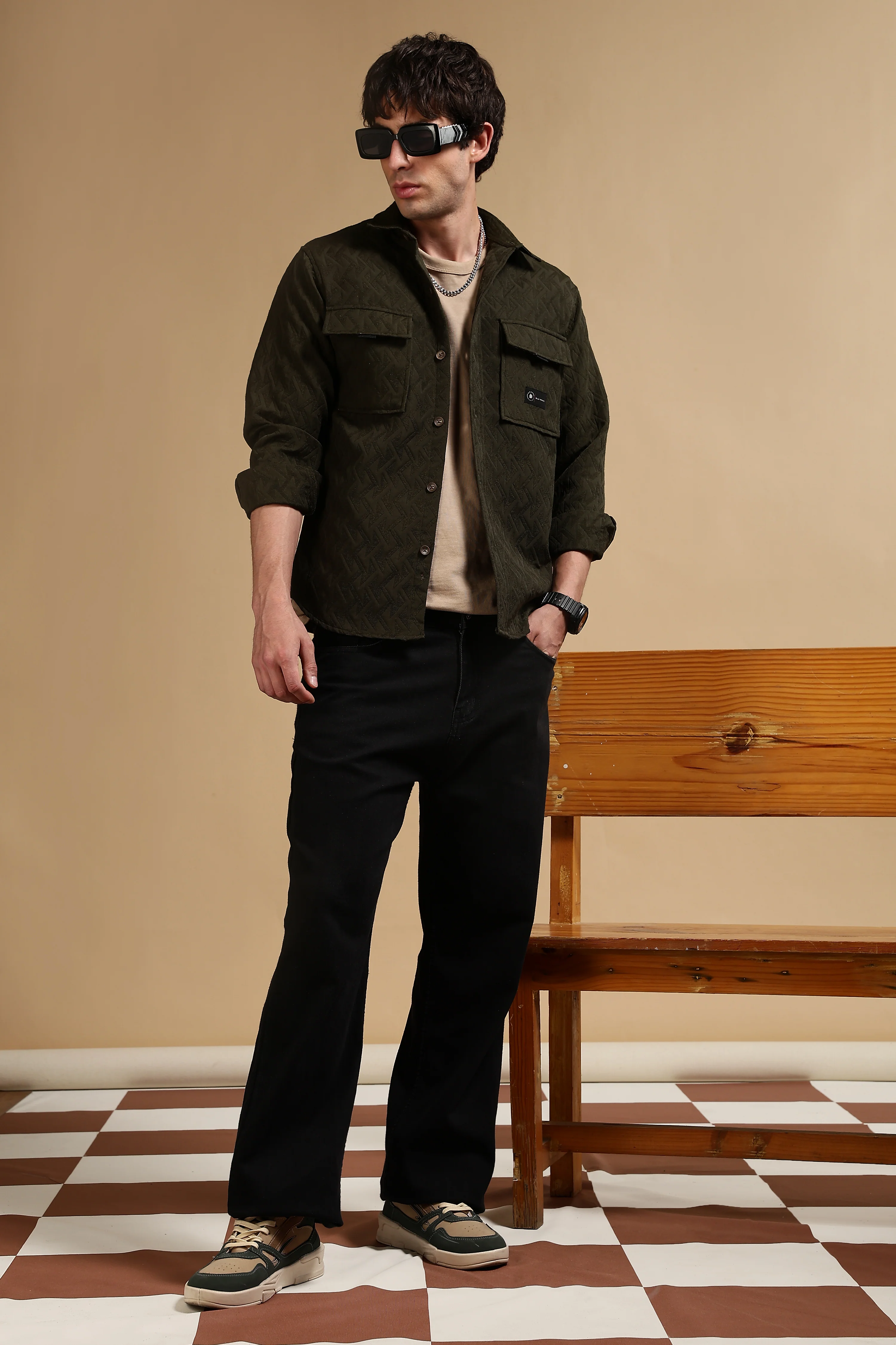 Men Olive Poly Cotton Shacket - Image 5