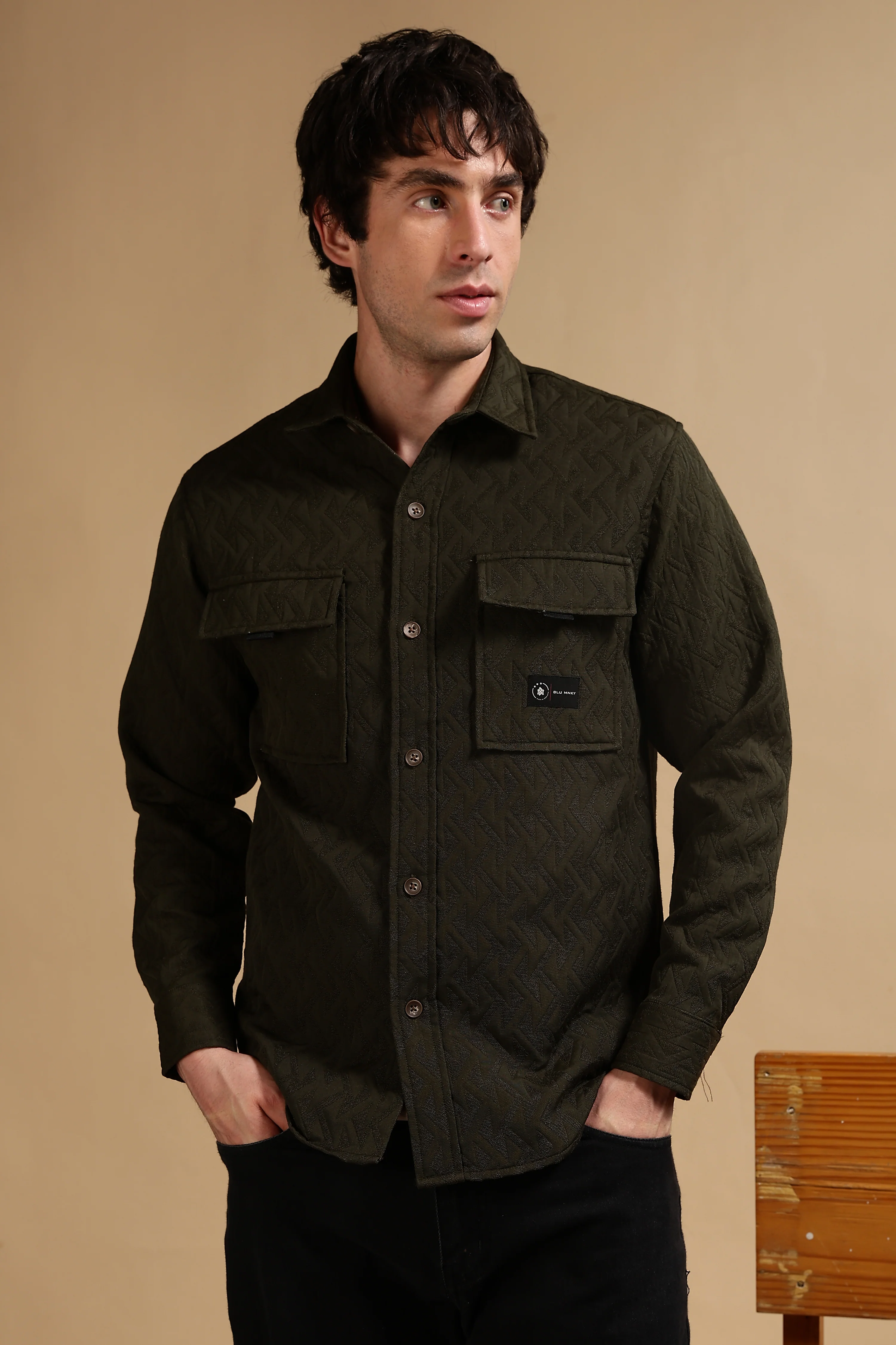 Men Olive Poly Cotton Shacket - Image 7