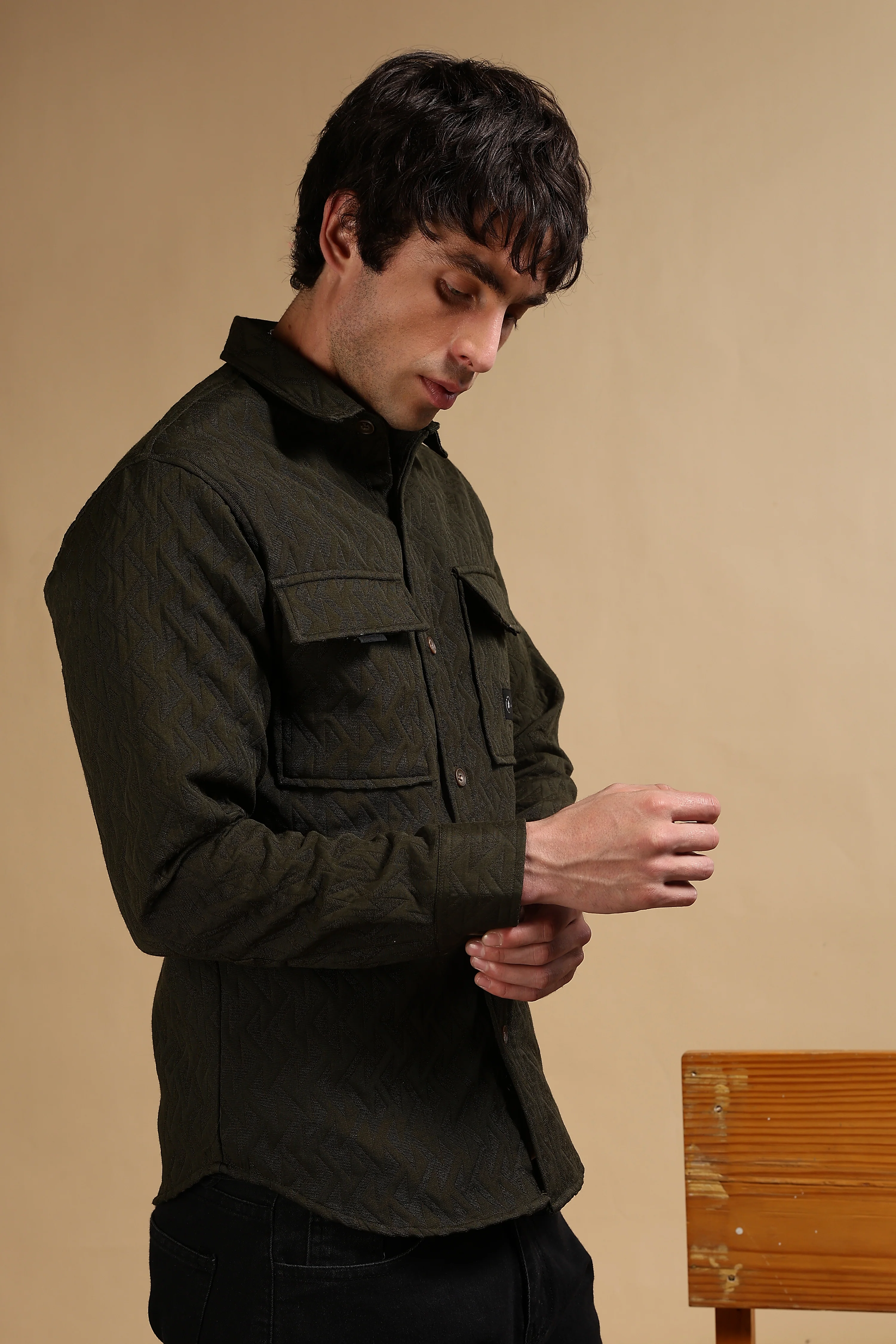 Men Olive Poly Cotton Shacket - Image 9