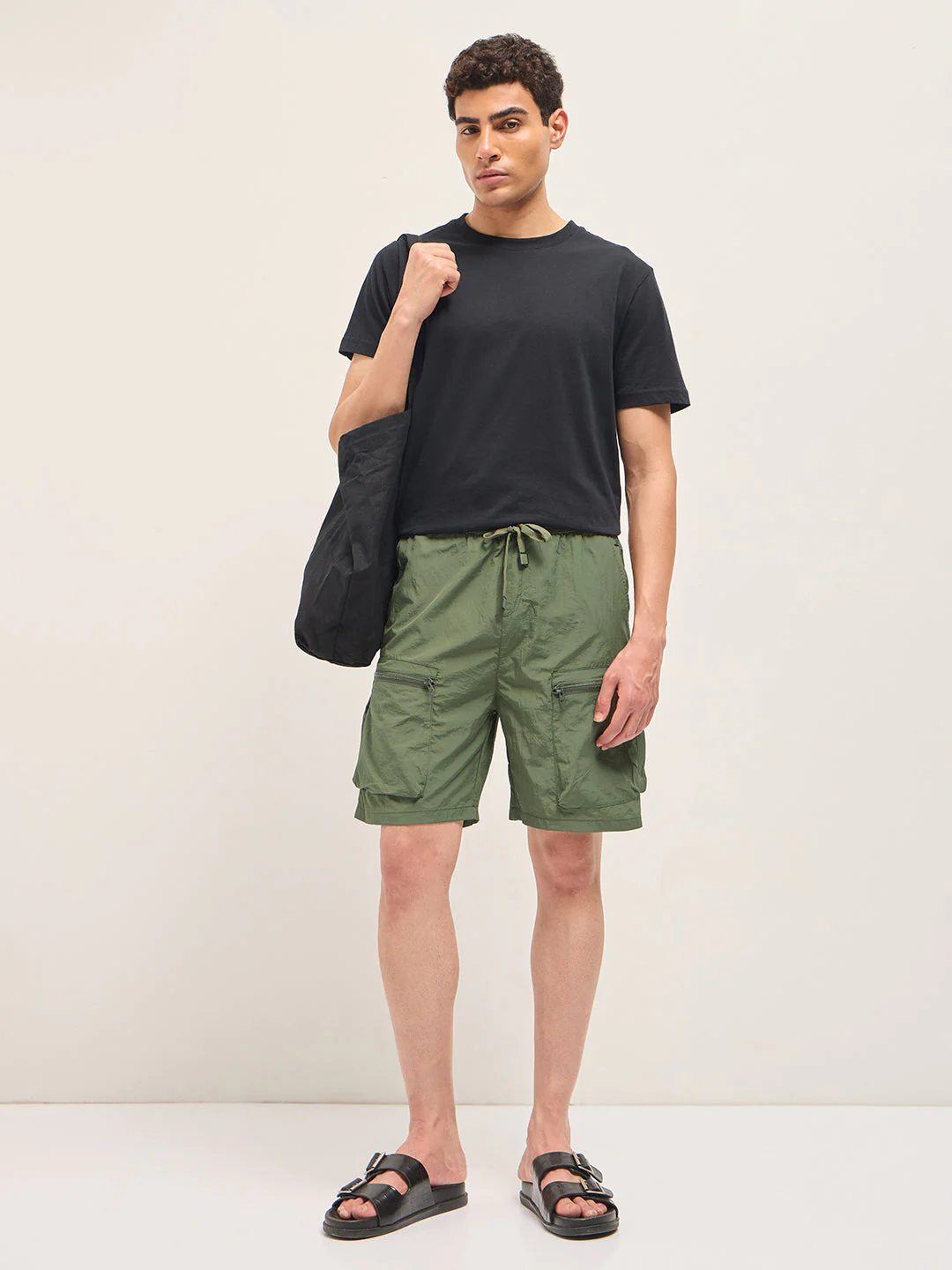 Men Olive Polyester Regular Fit Knee-Length Cargo Shorts - Image 4