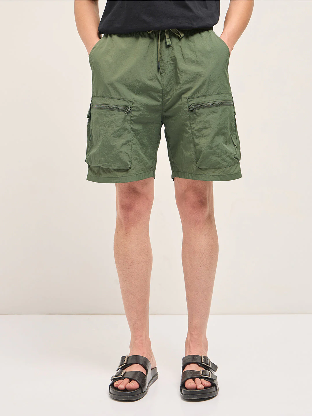 Men Olive Polyester Regular Fit Knee-Length Cargo Shorts - Image 6