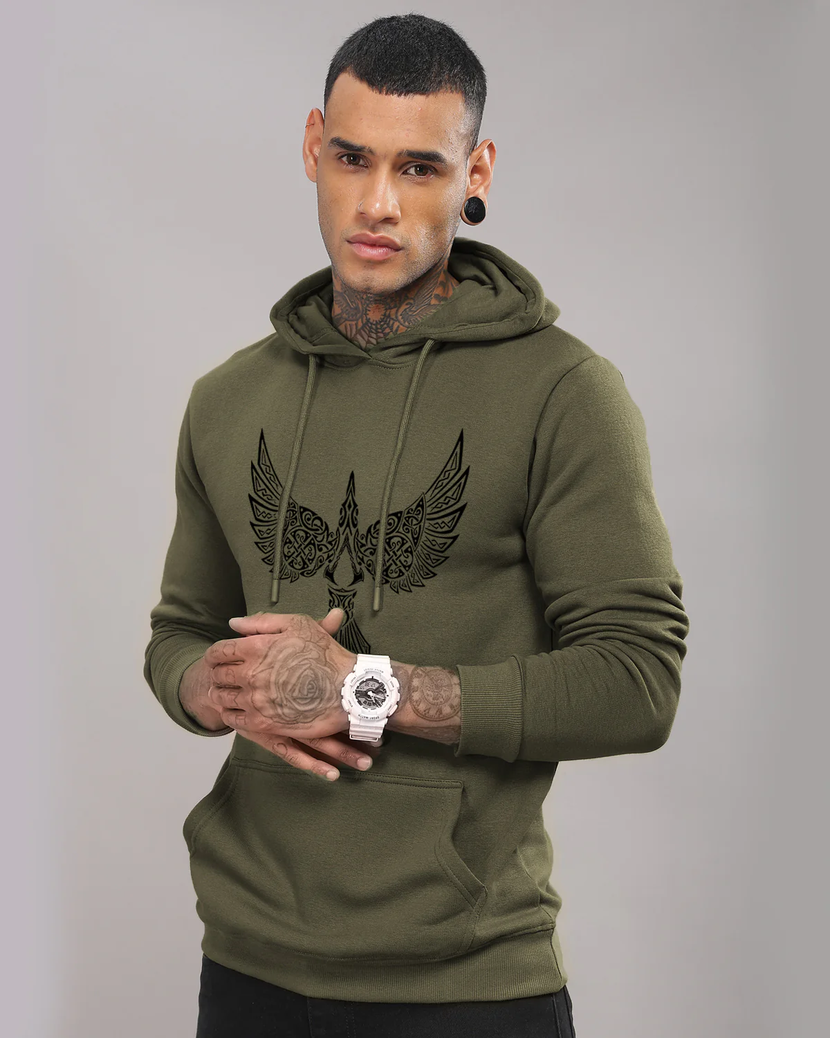 Men Olive Printed Hoodie - Image 4
