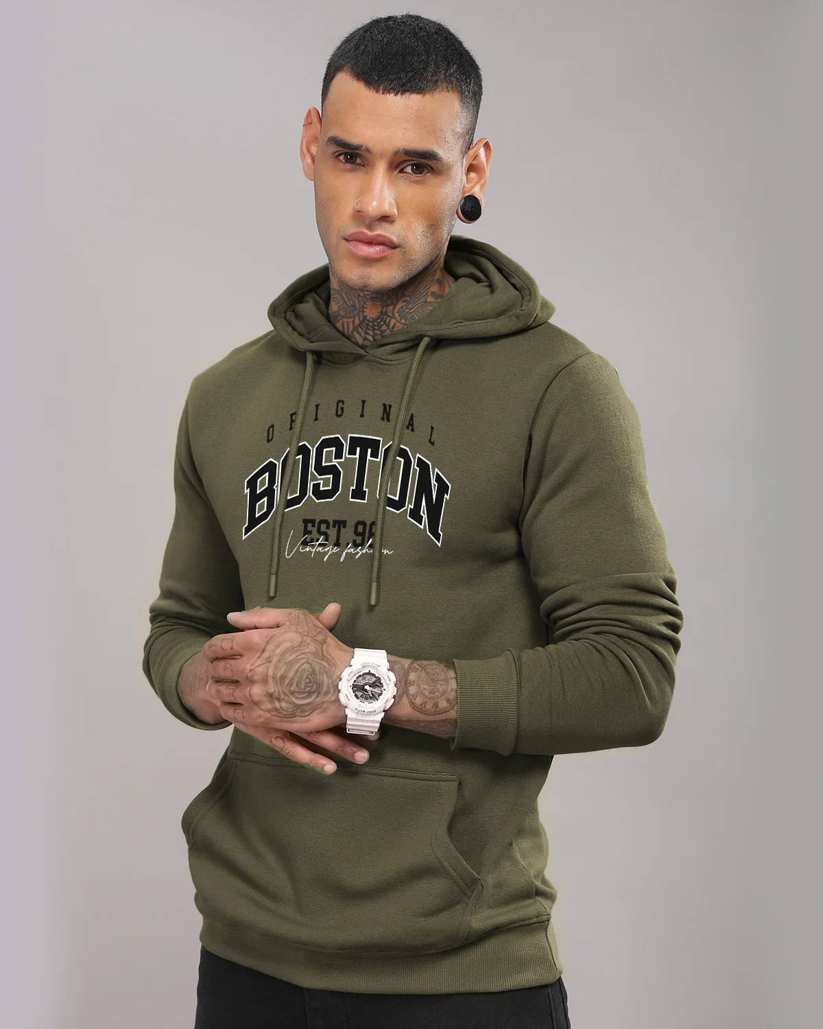 Men Olive Printed Hoodie - Image 3