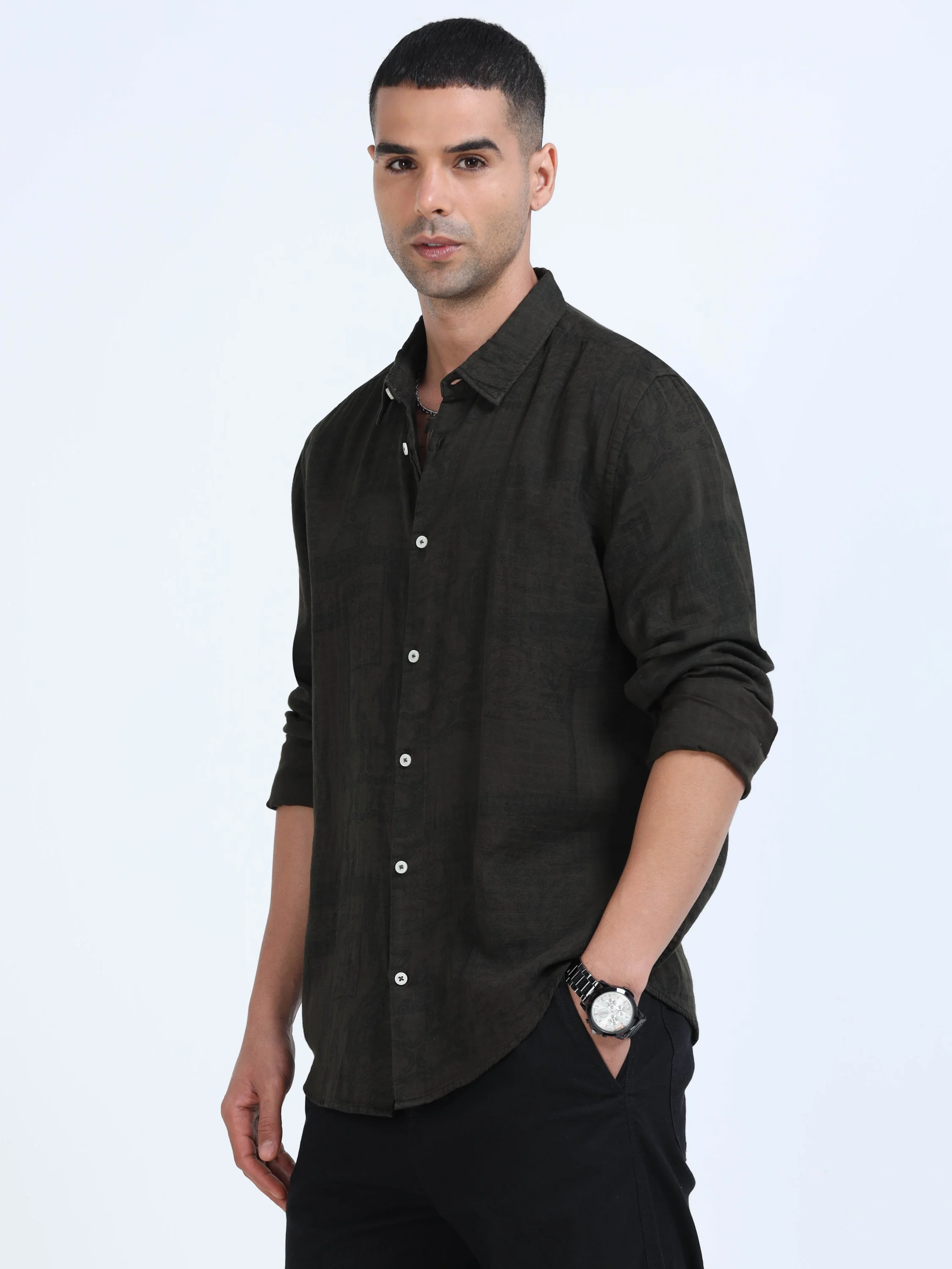 Men Olive Printed Overdyed Shirt - Image 2