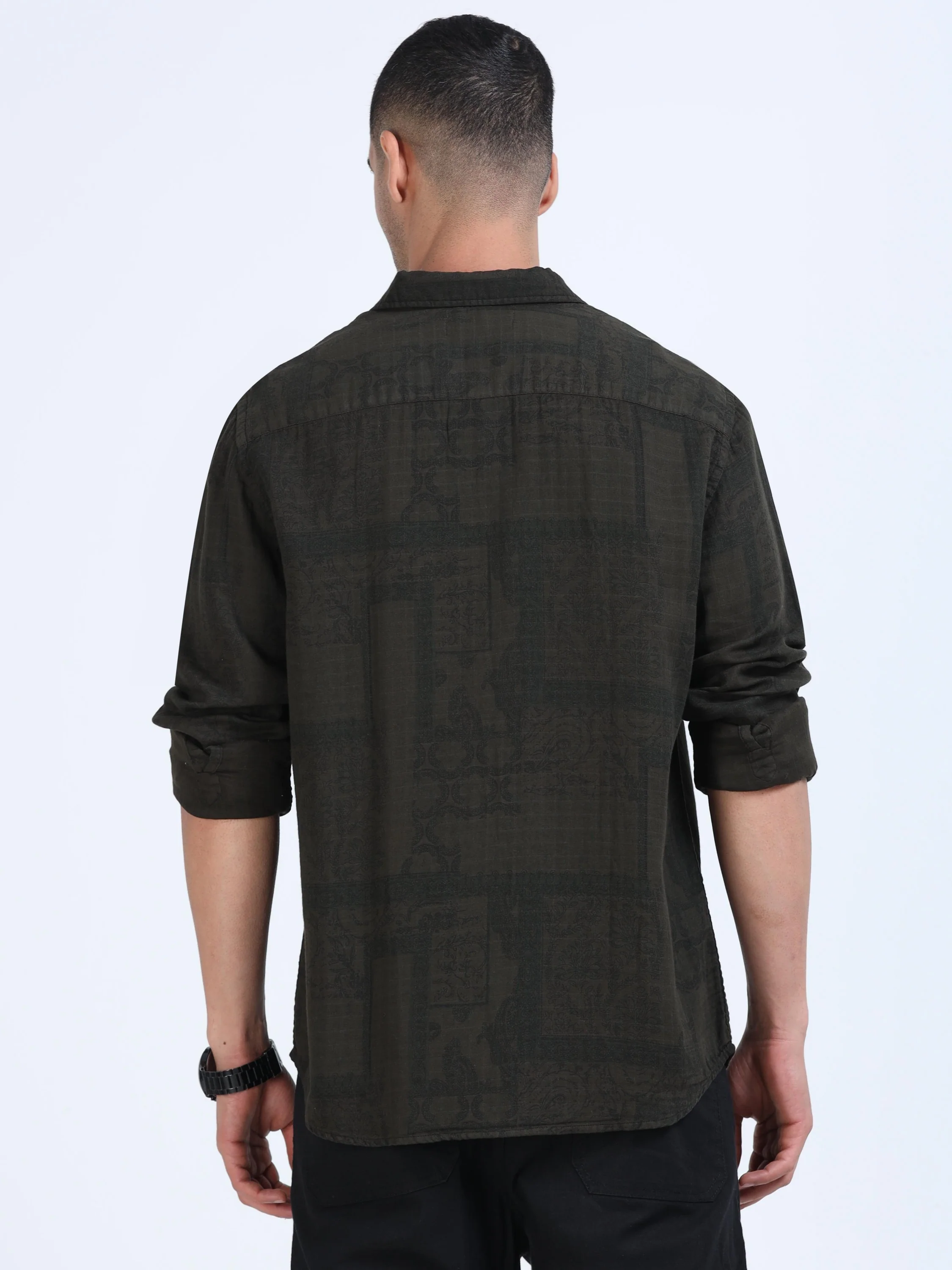 Men Olive Printed Overdyed Shirt - Image 3