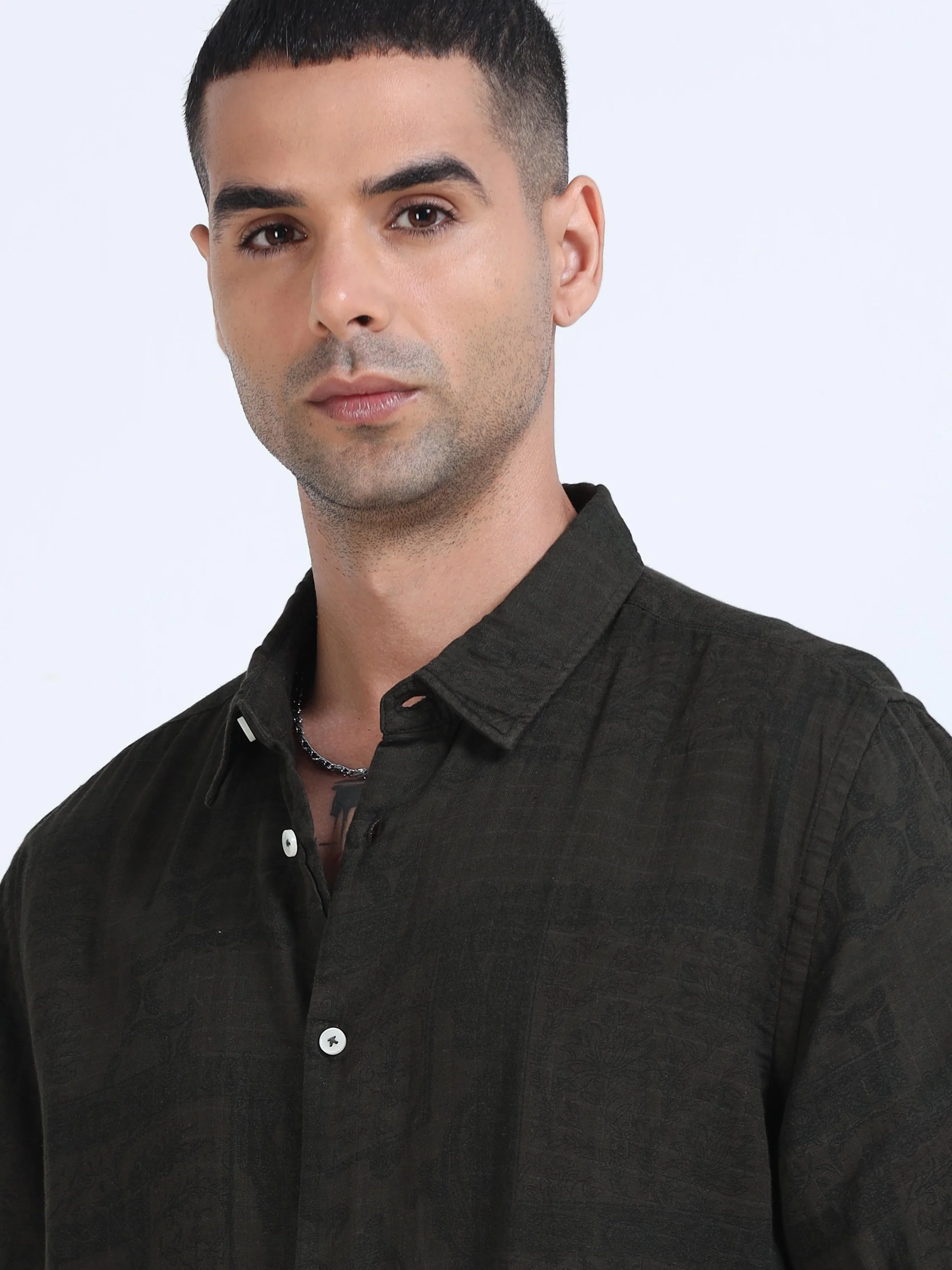 Men Olive Printed Overdyed Shirt - Image 4
