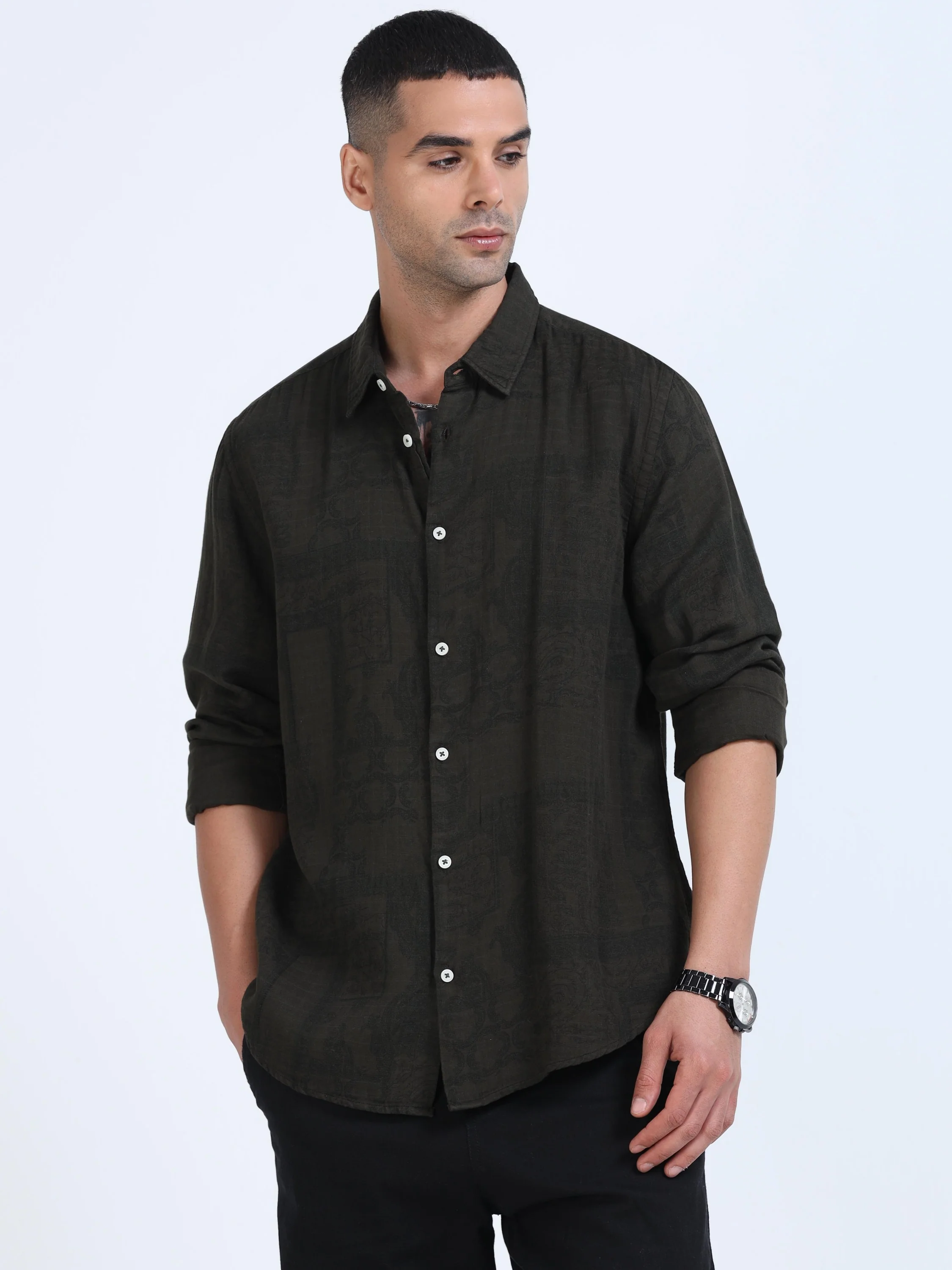 Men Olive Printed Overdyed Shirt - Image 5
