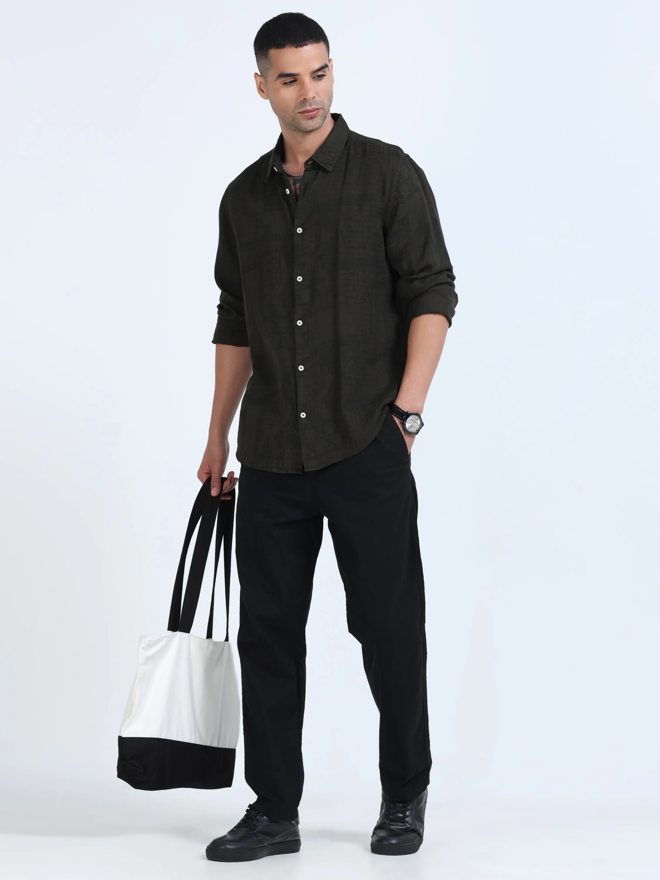 Men Olive Printed Overdyed Shirt - Image 6