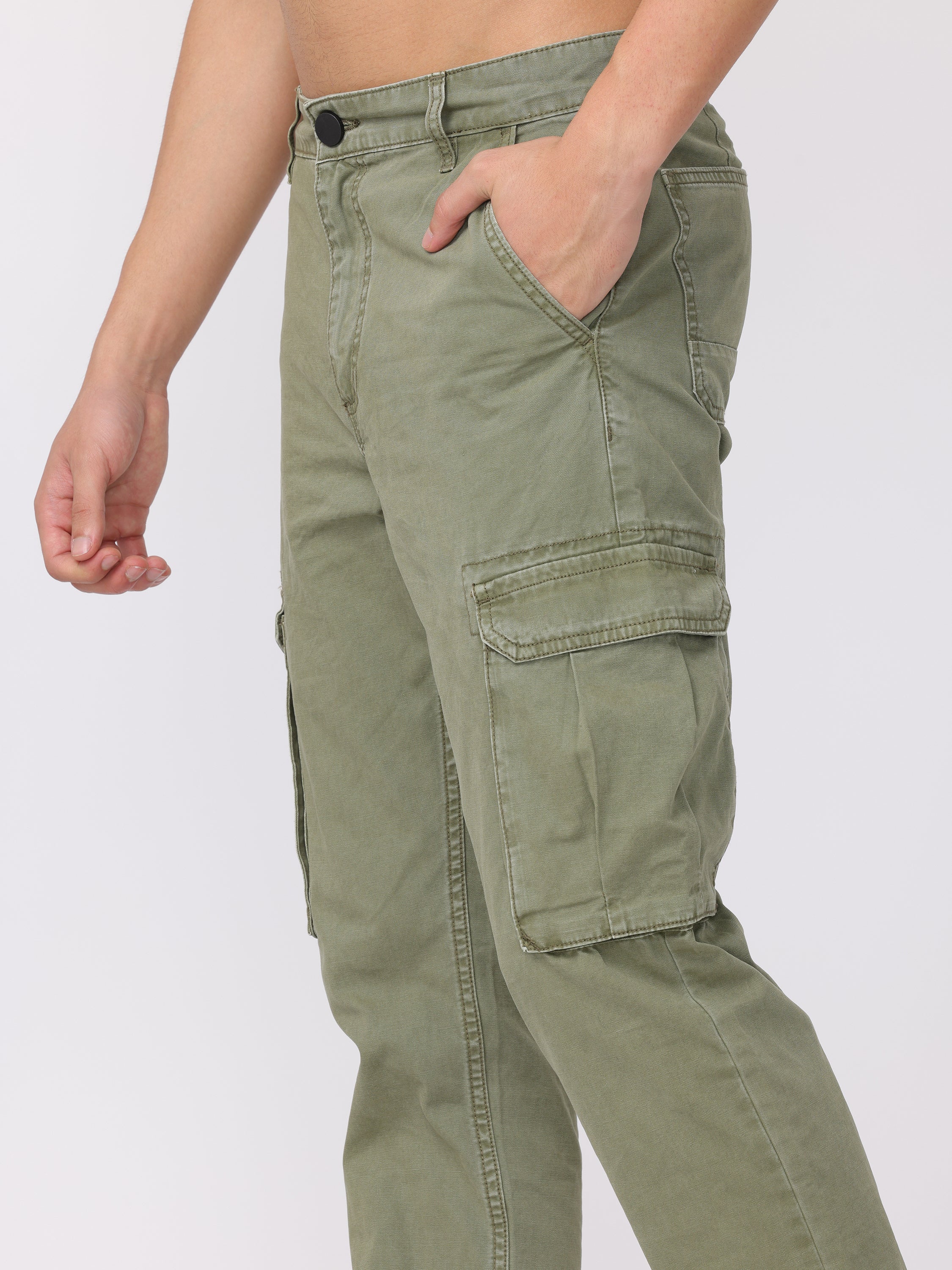 Men Olive Regular Fit Cargo Pants - Image 6