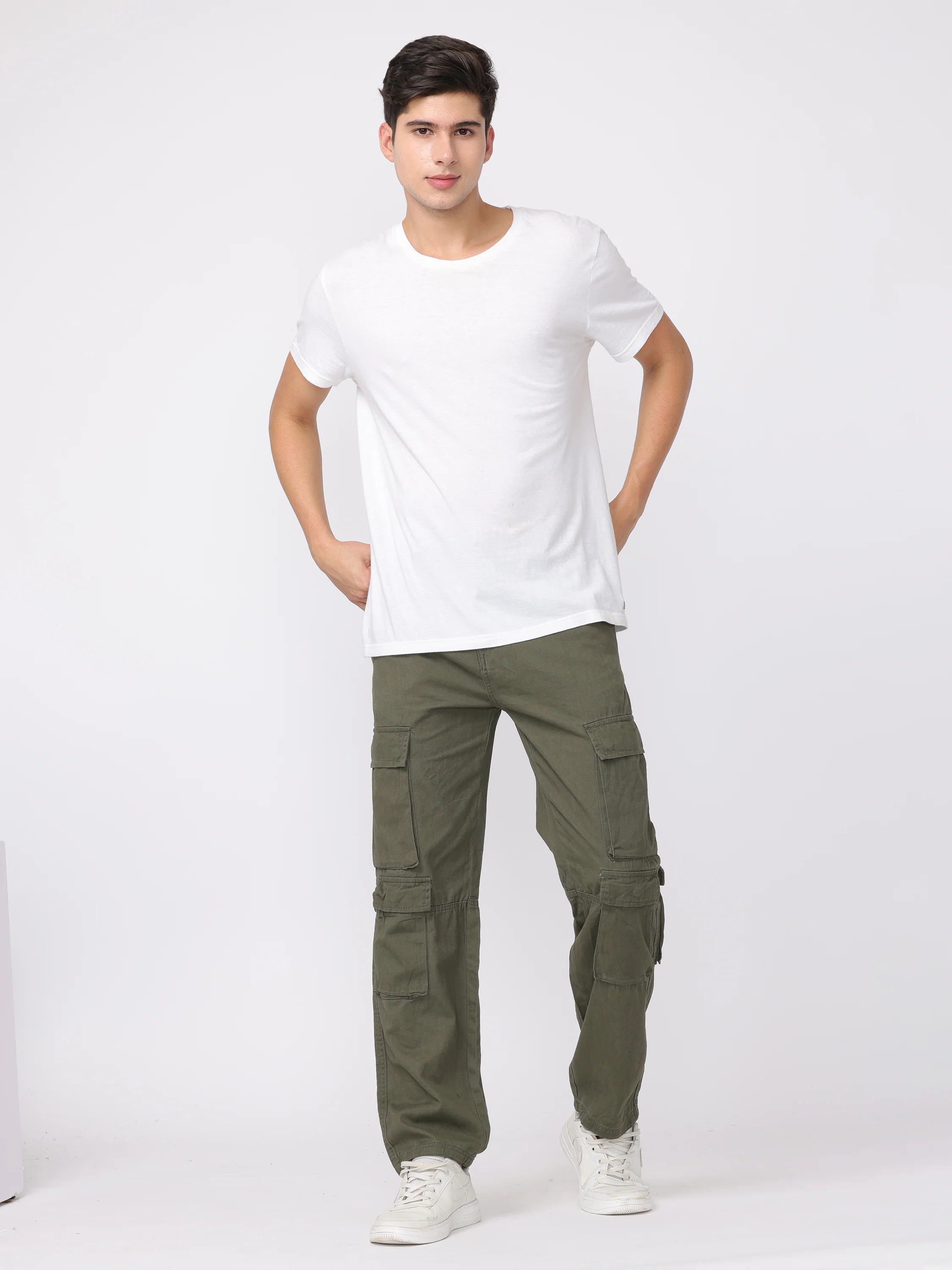Men Olive Regular Fit Cargo Pants - Image 2