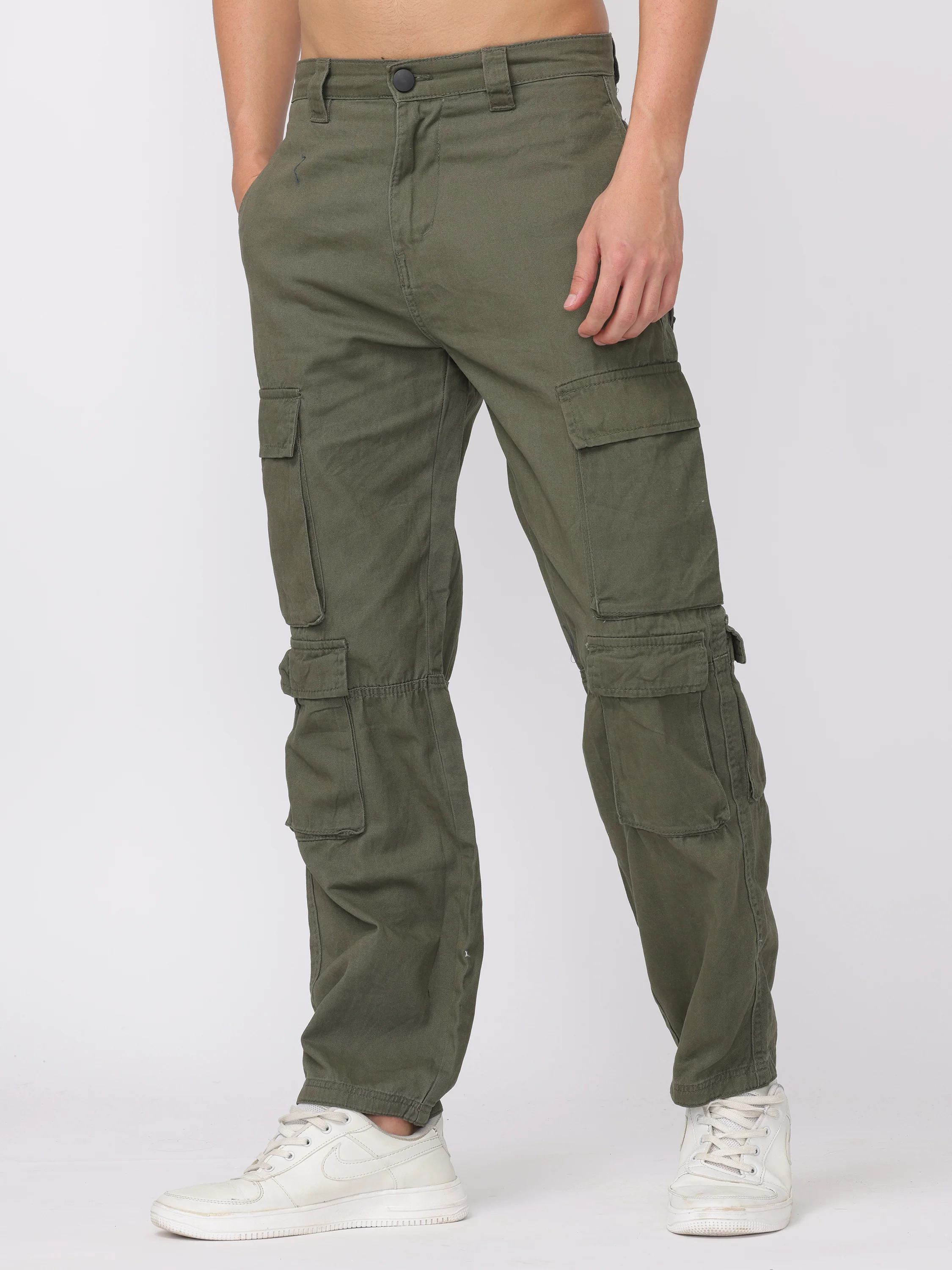 Men Olive Regular Fit Cargo Pants - Image 4