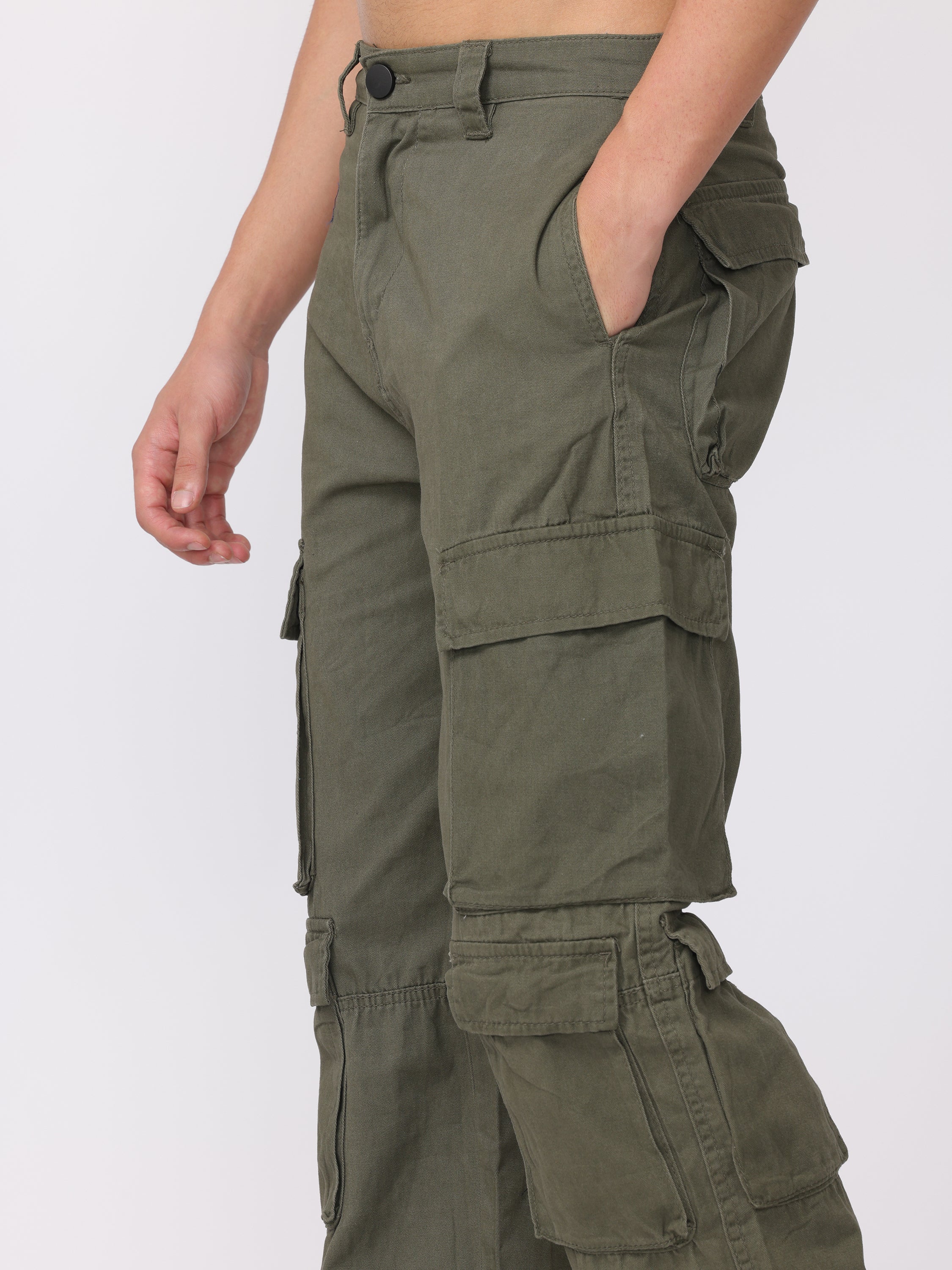 Men Olive Regular Fit Cargo Pants - Image 6