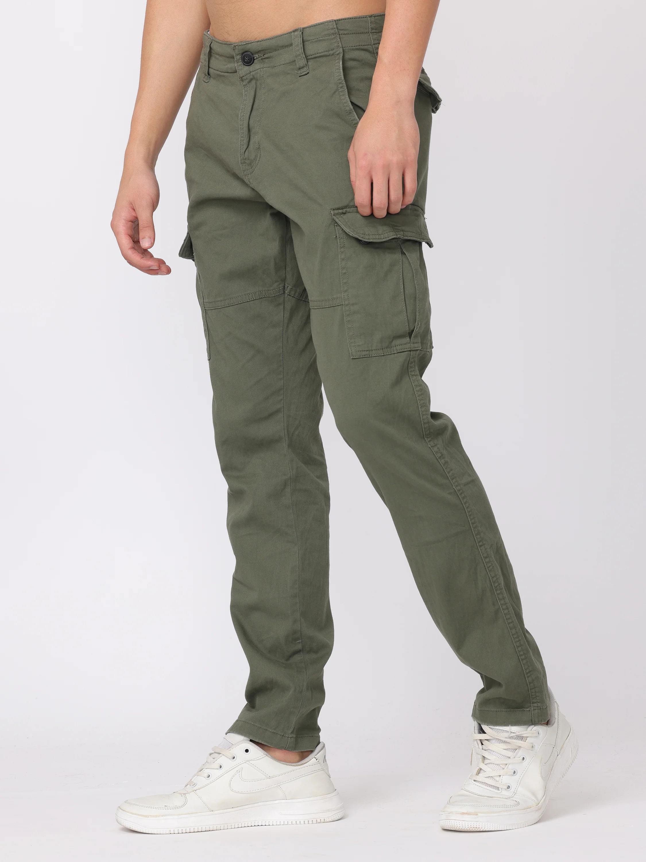 Men Olive Regular Fit Cargo Pants - Image 3