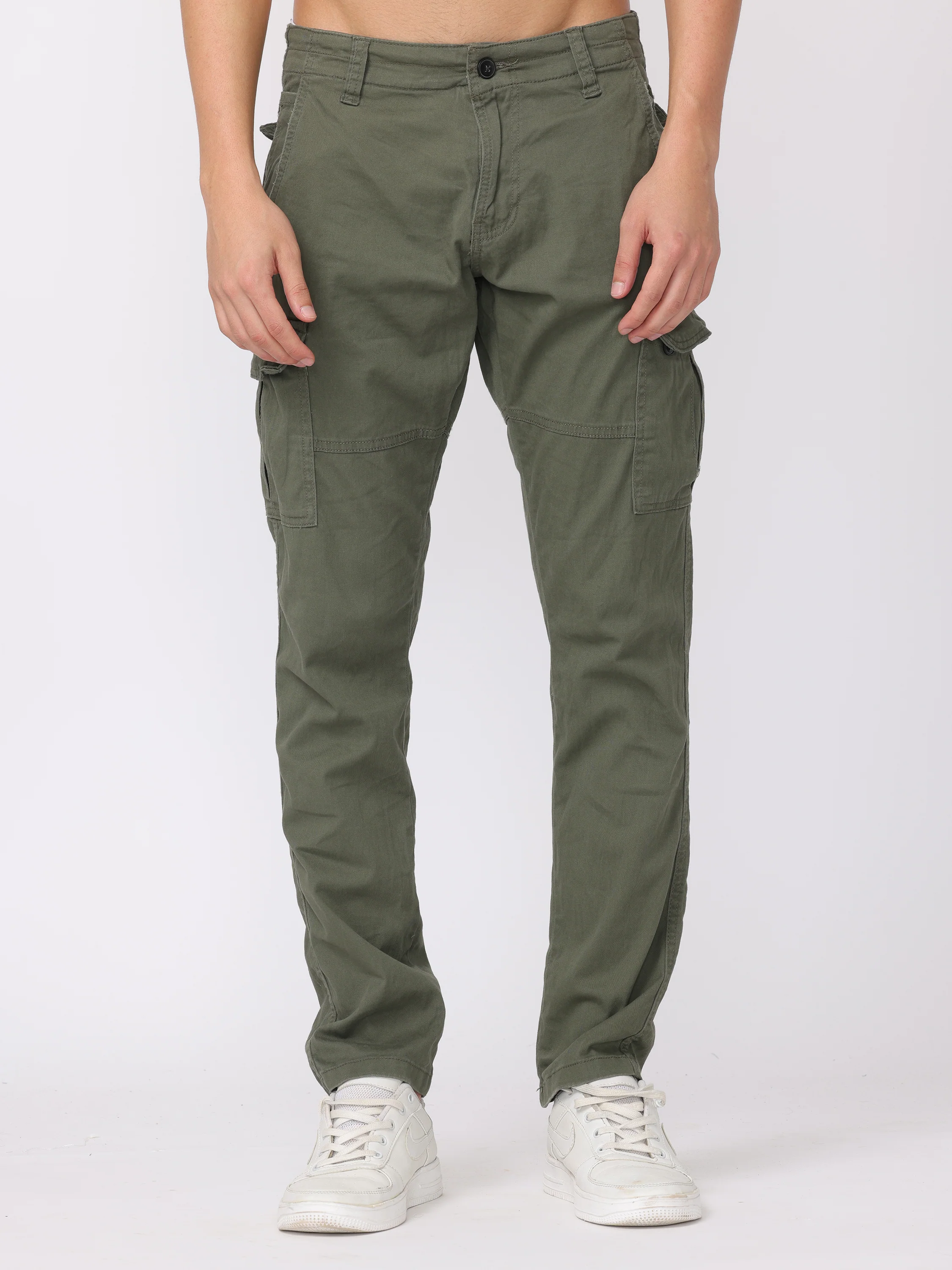 Men Olive Regular Fit Cargo Pants - Image 4