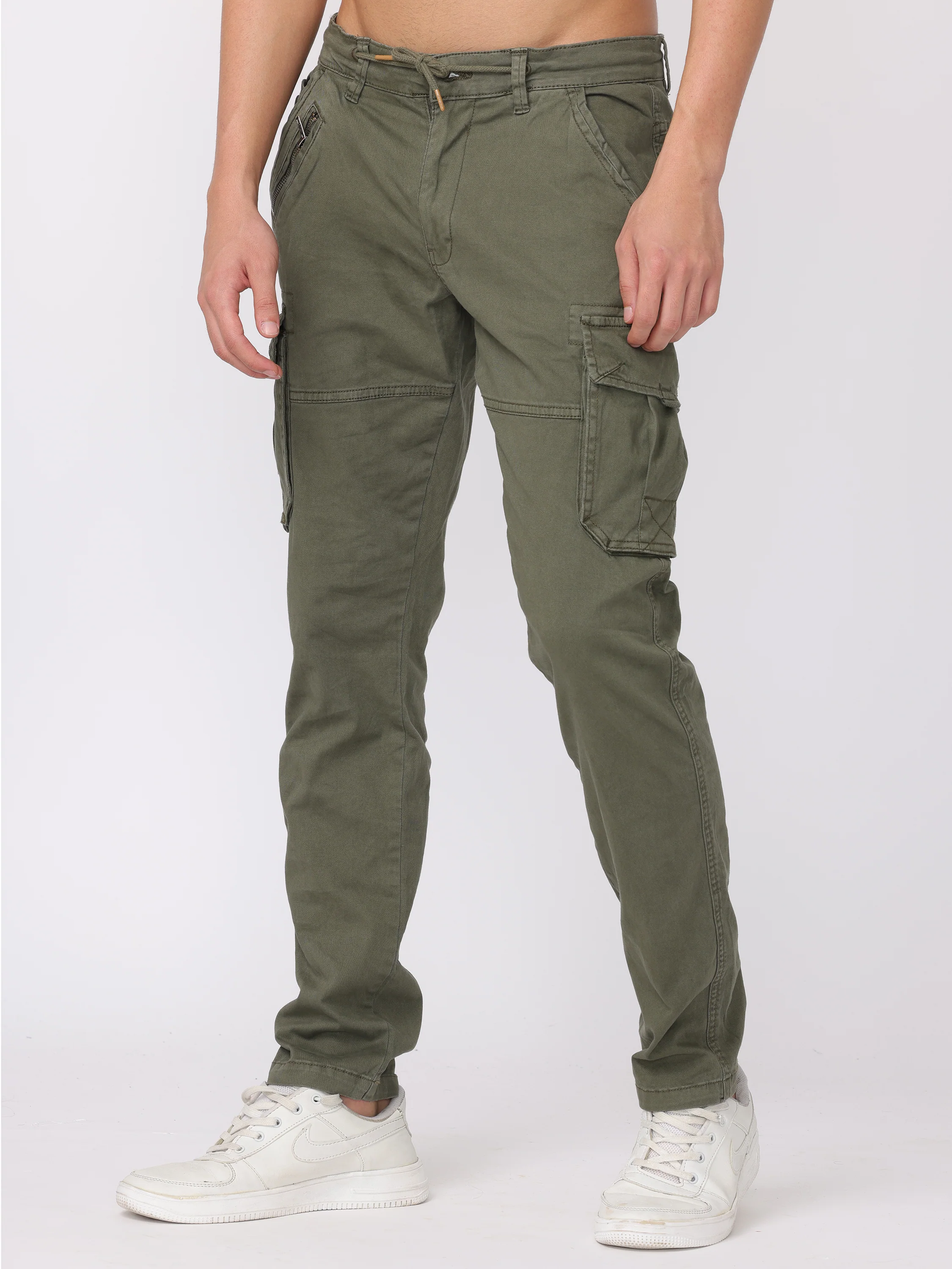 Men Olive Regular Fit Cargo Pants - Image 3