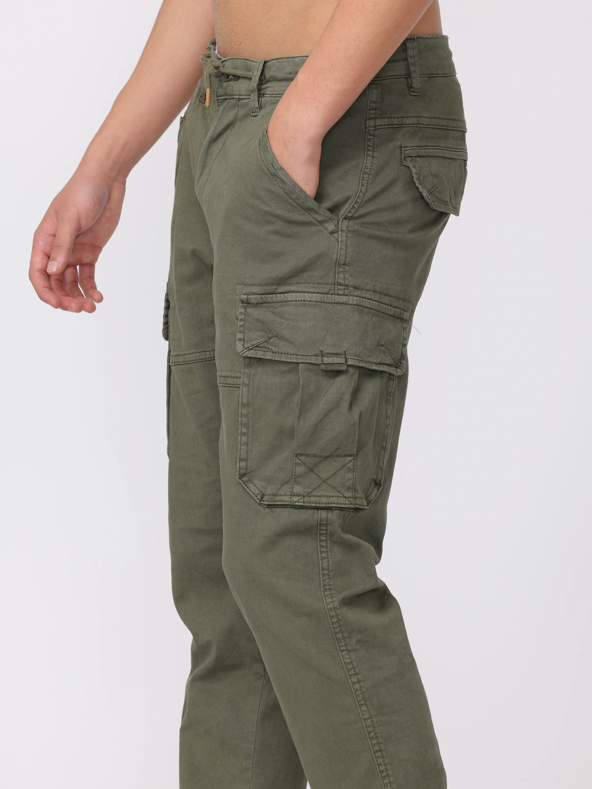 Men Olive Regular Fit Cargo Pants - Image 6