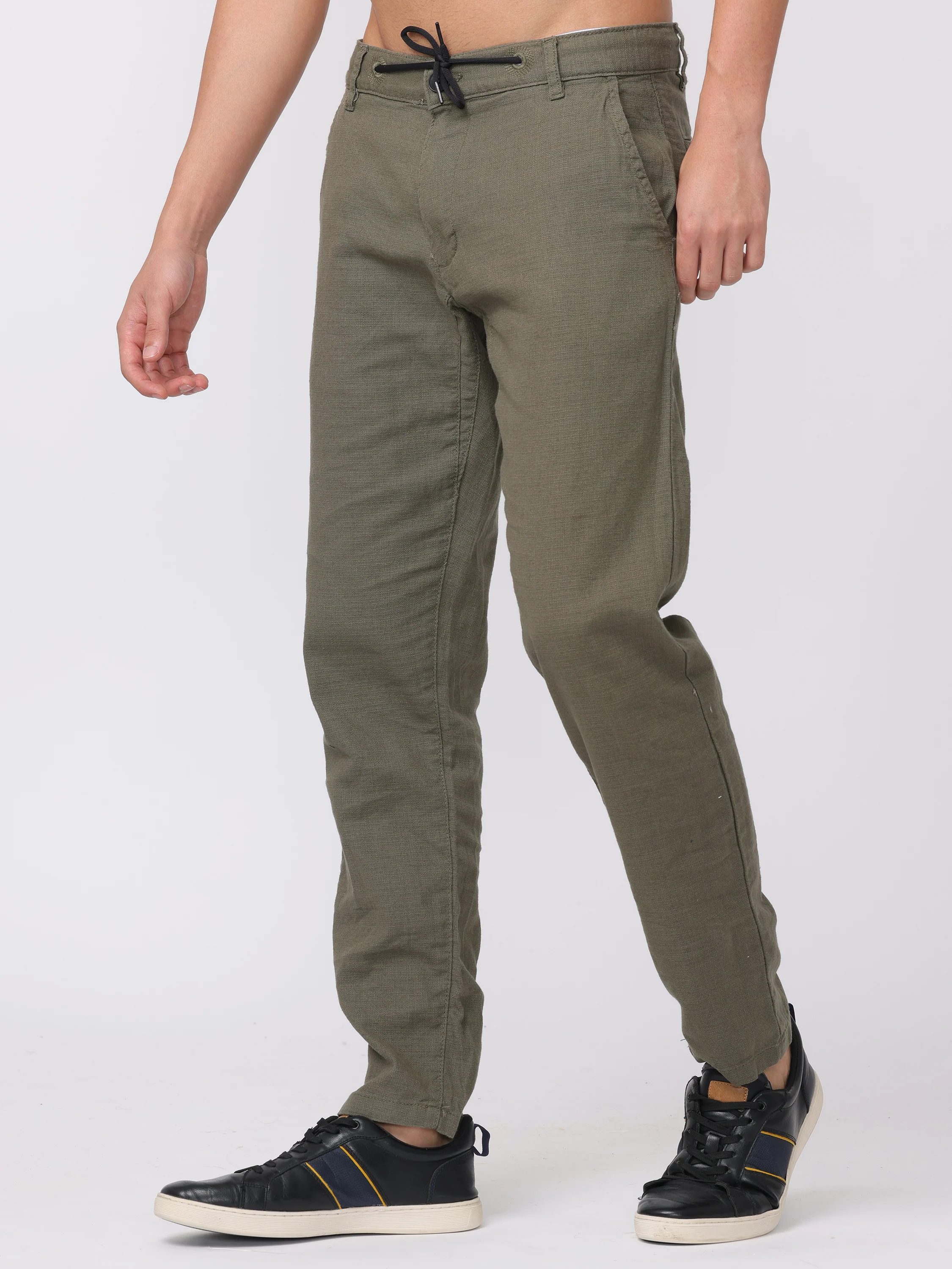 Men Olive Regular Fit Linen Blend Pants - Image 3