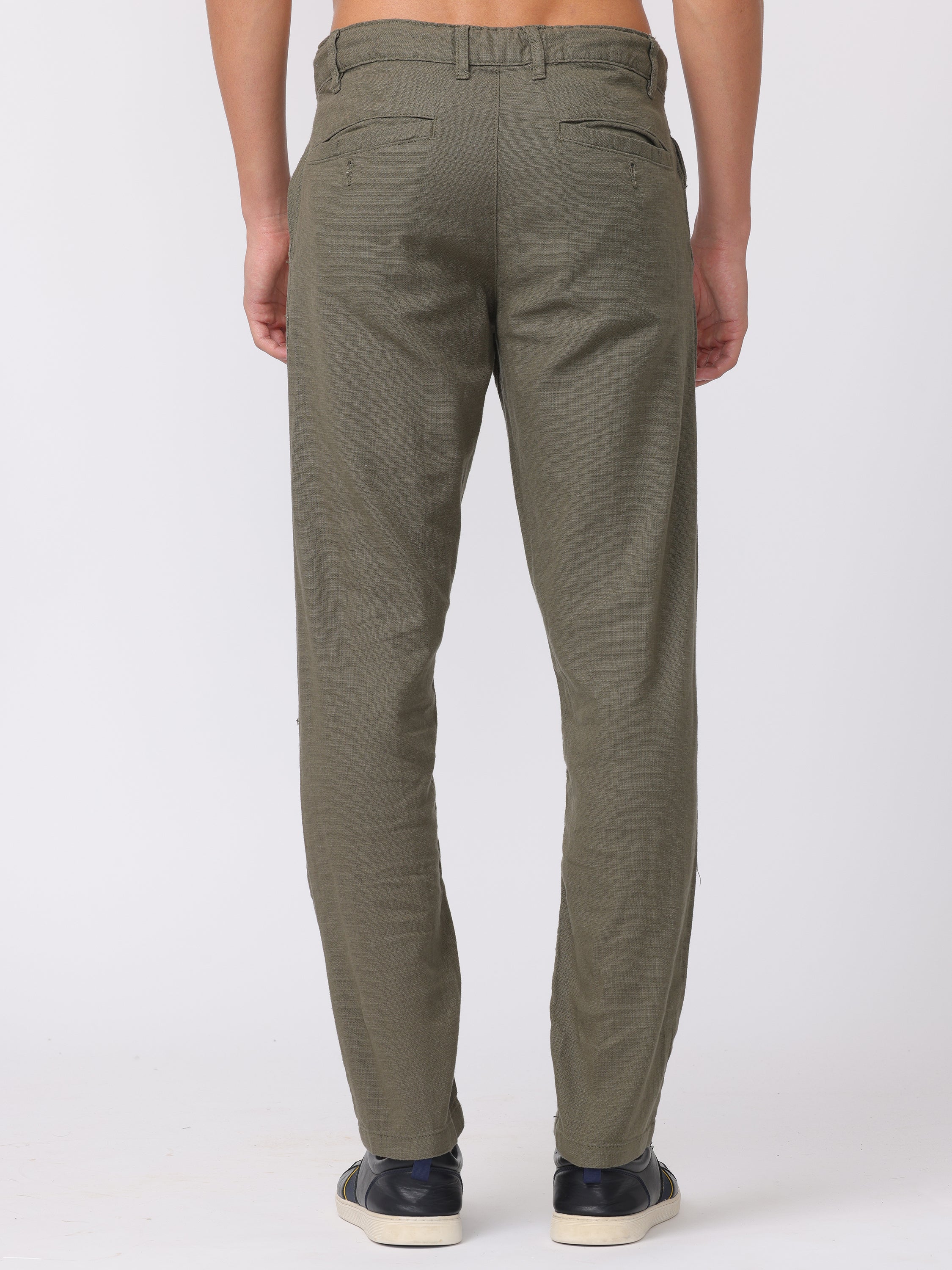 Men Olive Regular Fit Linen Blend Pants - Image 4