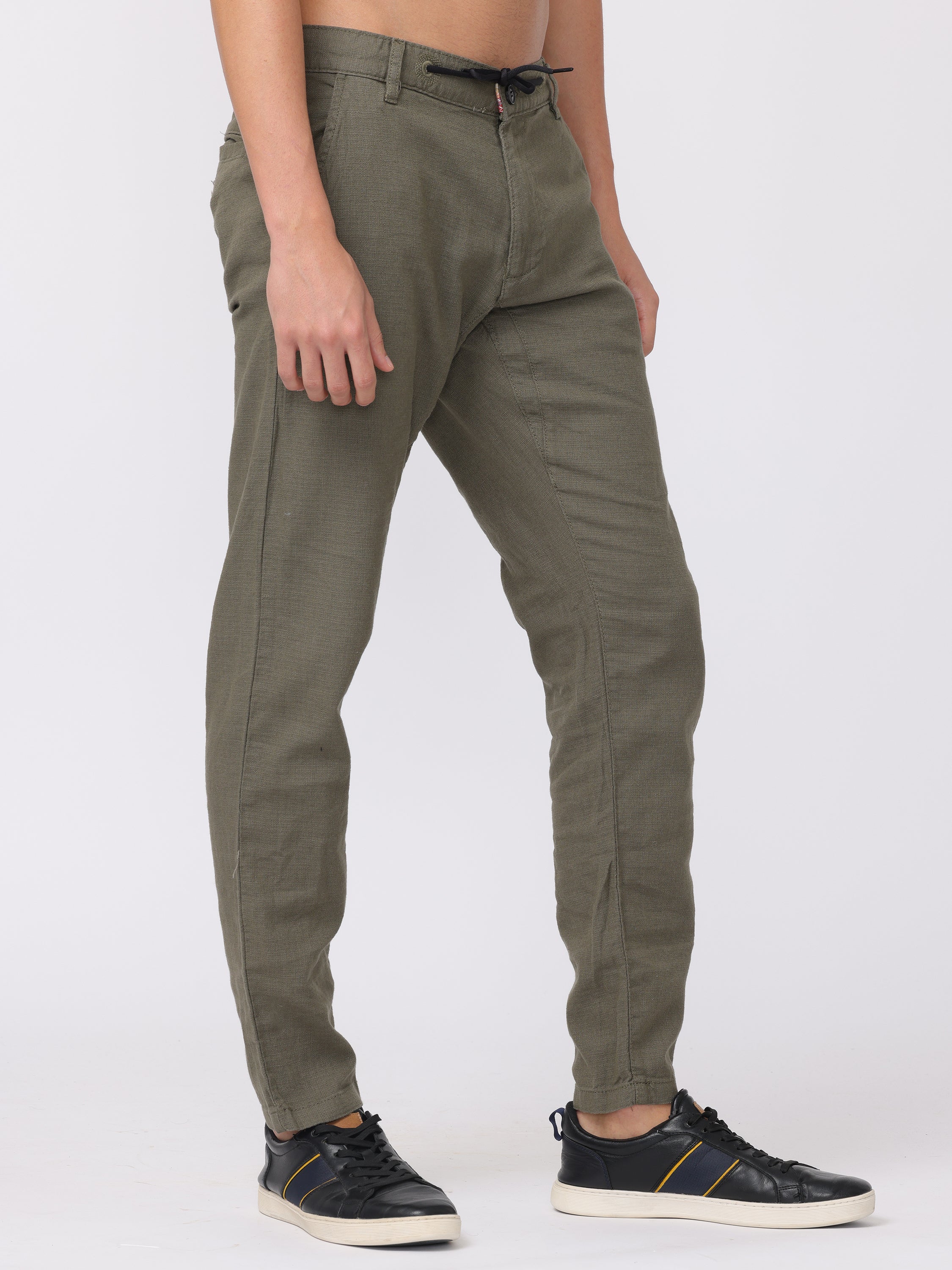 Men Olive Regular Fit Linen Blend Pants - Image 5