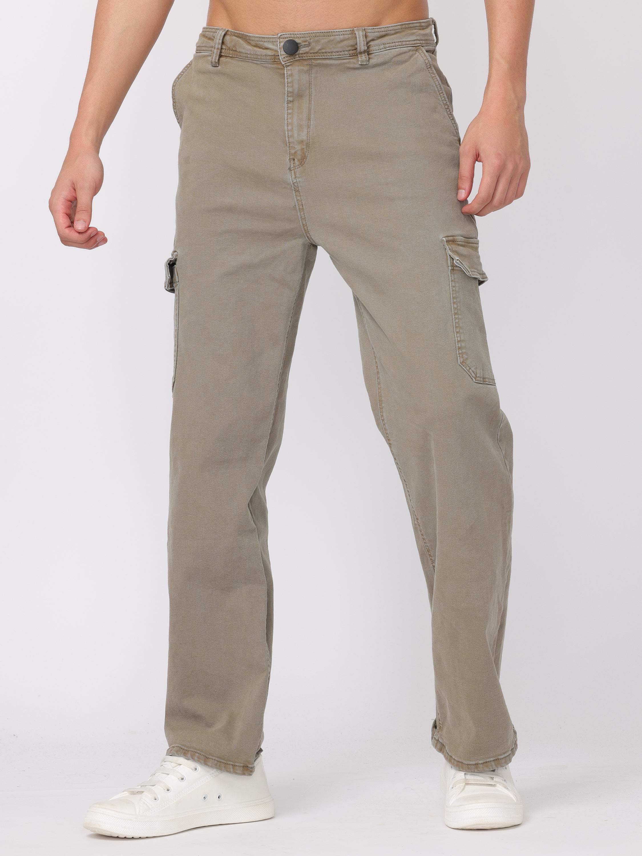 Men Washed Olive Straight Fit Cargo Pants - Image 3