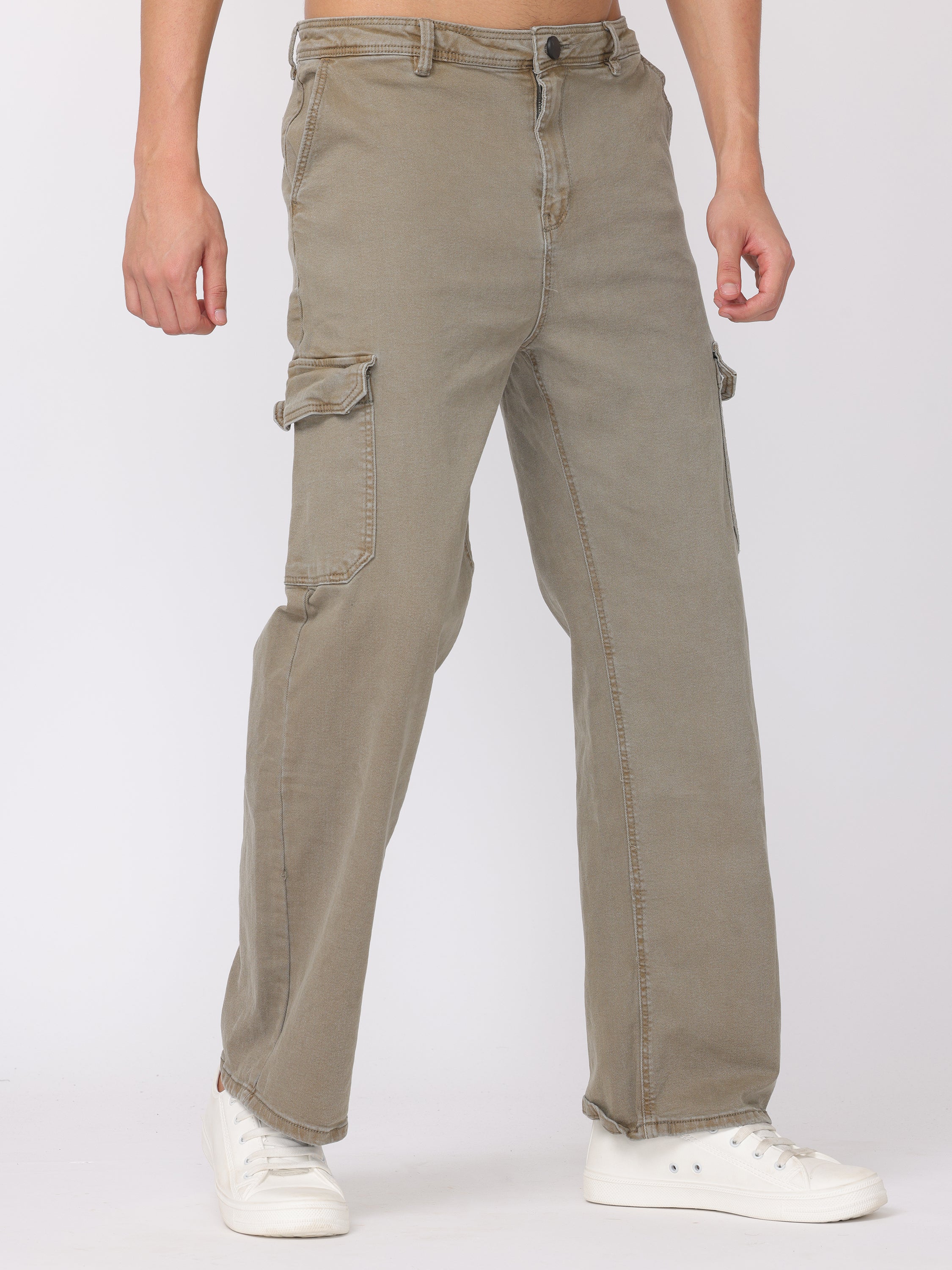 Men Washed Olive Straight Fit Cargo Pants - Image 5