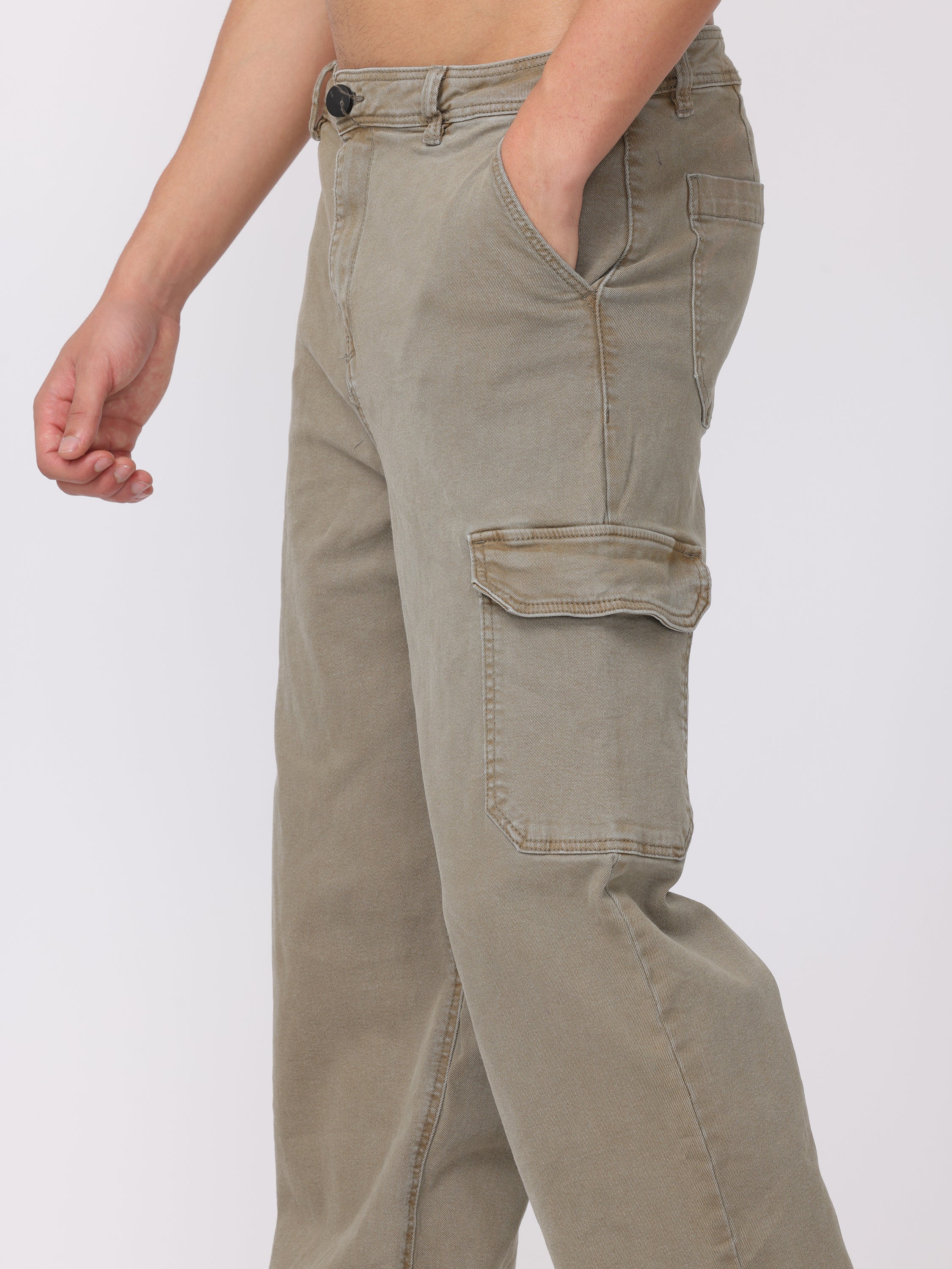 Men Washed Olive Straight Fit Cargo Pants - Image 6