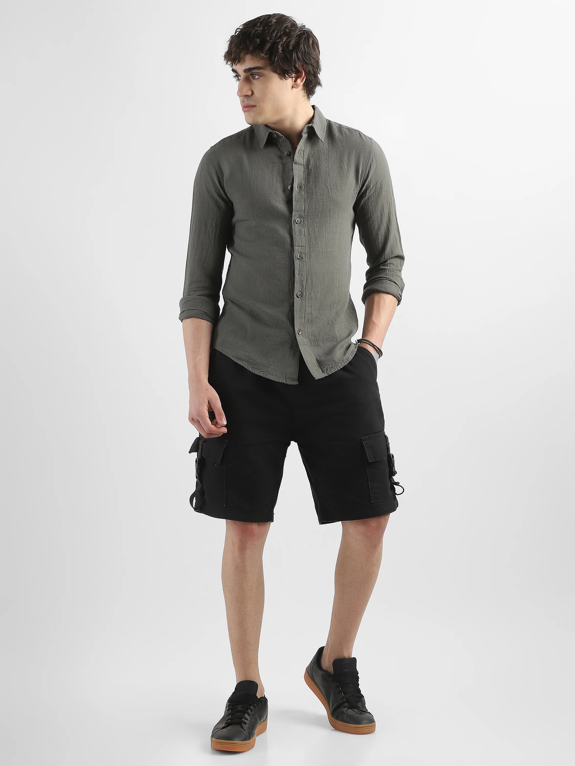 Men Olive Cotton Linen Shirt - Image 2