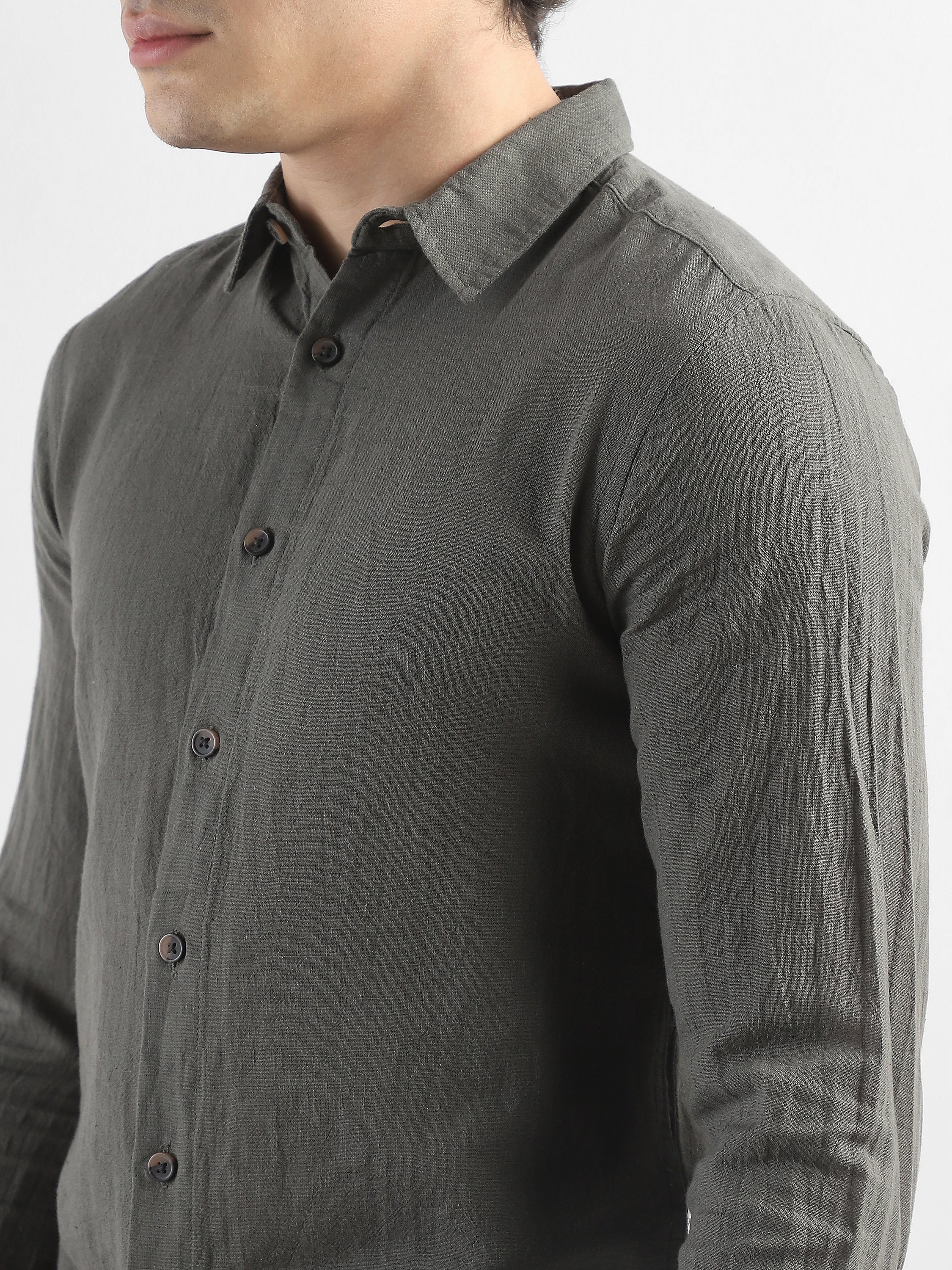 Men Olive Cotton Linen Shirt - Image 3