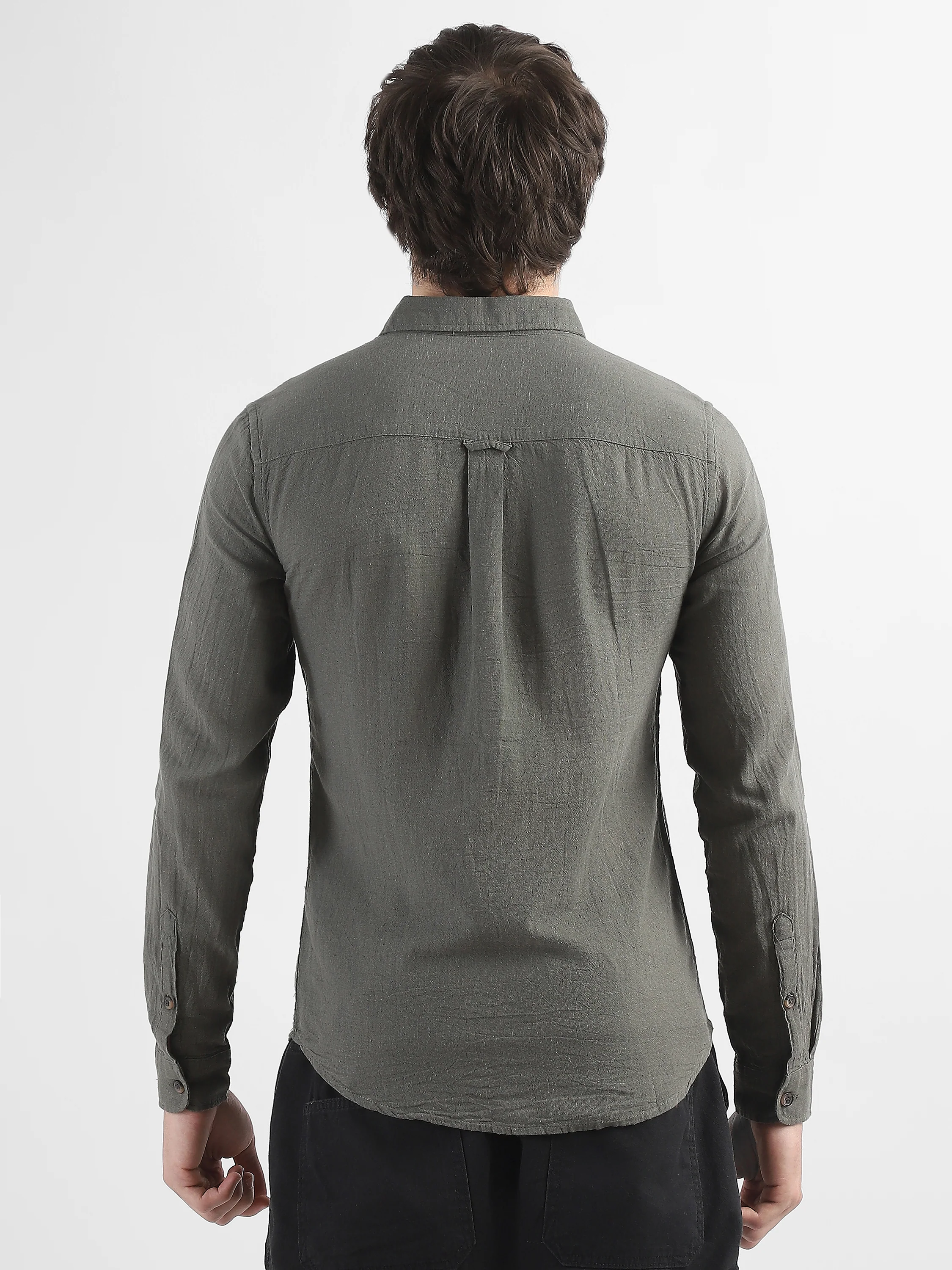 Men Olive Cotton Linen Shirt - Image 4