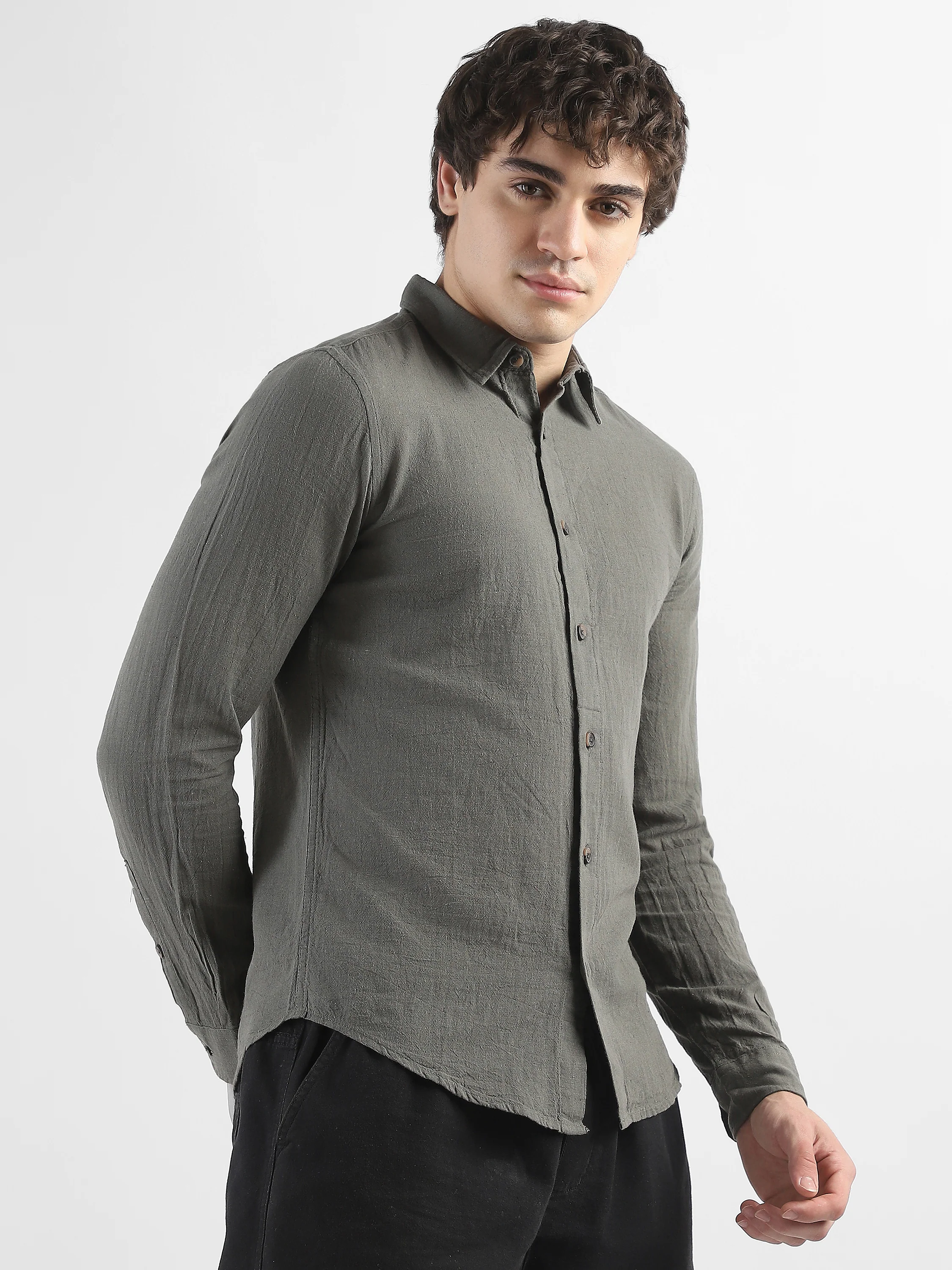 Men Olive Cotton Linen Shirt - Image 5