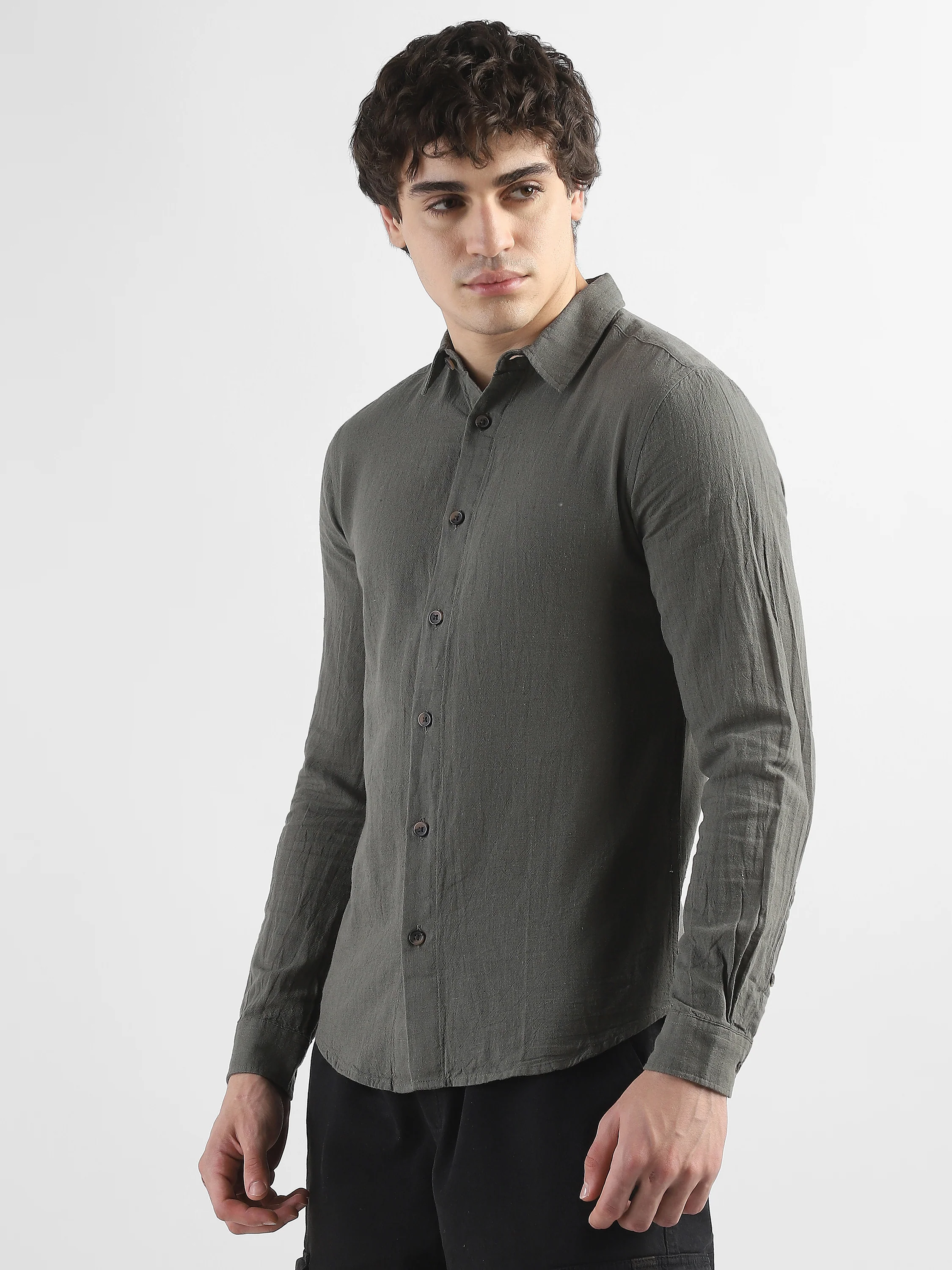 Men Olive Cotton Linen Shirt - Image 6